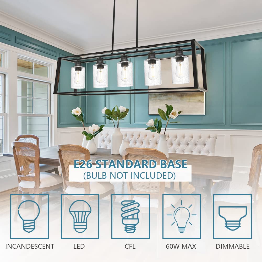 5-Lights Modern Linear Chandelier - Black Industrial Kitchen Island Lighting with Seeded Glass for Dining Room, Farmhouse Ceiling Pendant Lights Over Table | Perfect for Kitchen Islands, Dining Areas, and Open Concept Spaces
