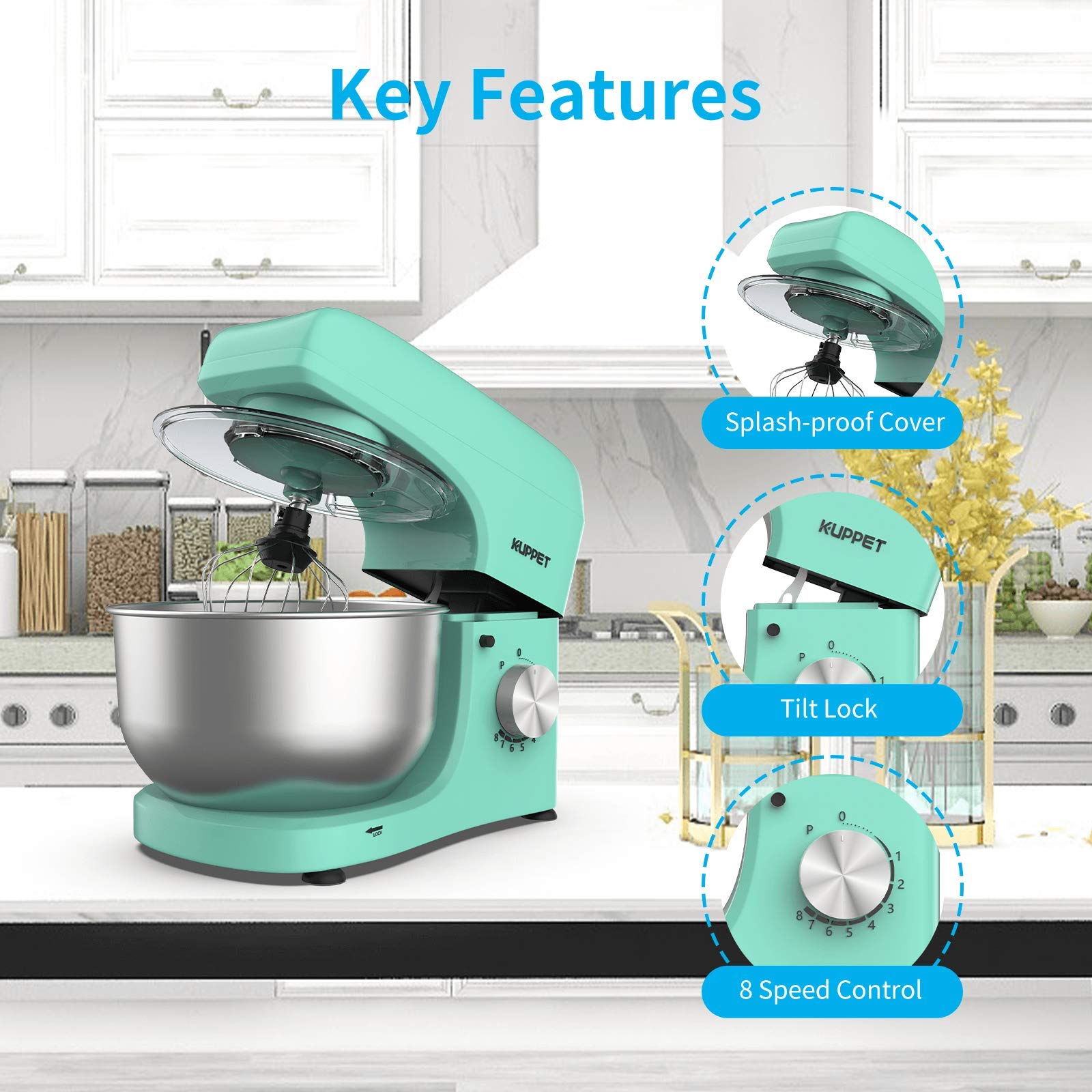 KUPPET 8-Speed Tilt-Head Stand Mixer with 4.7QT Stainless Steel Bowl, Dough Hook, Wire Whip & Beater - Perfect for Baking Cakes, Cookies, Bread & More (Green)