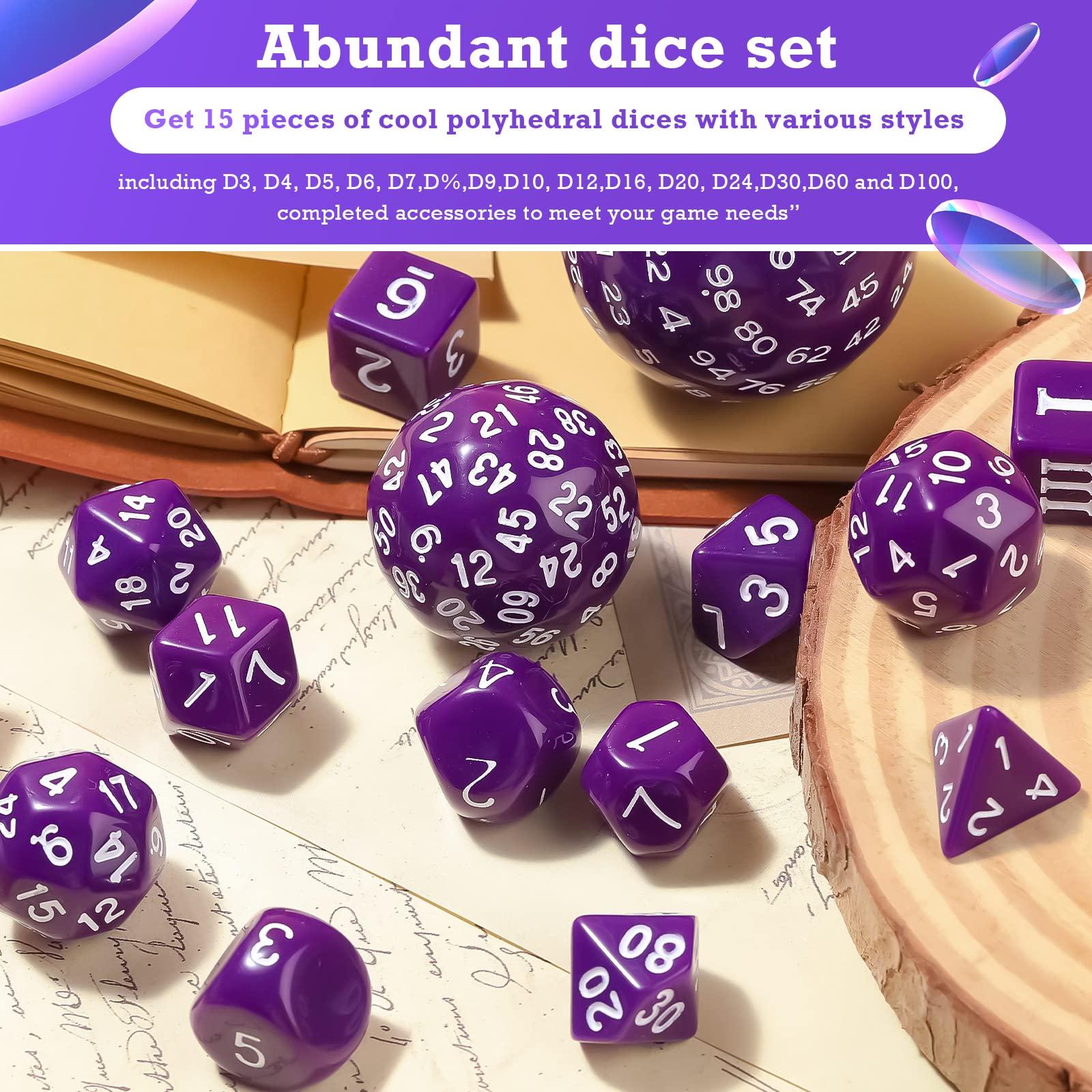 15-Piece Complete Polyhedral Dice Set D3-D100 | Opaque Black RPG Dice with 100-Sided Die | Perfect for Dungeons & Dragons, Pathfinder, and Tabletop Roleplaying Games | Includes Purple & White Accents