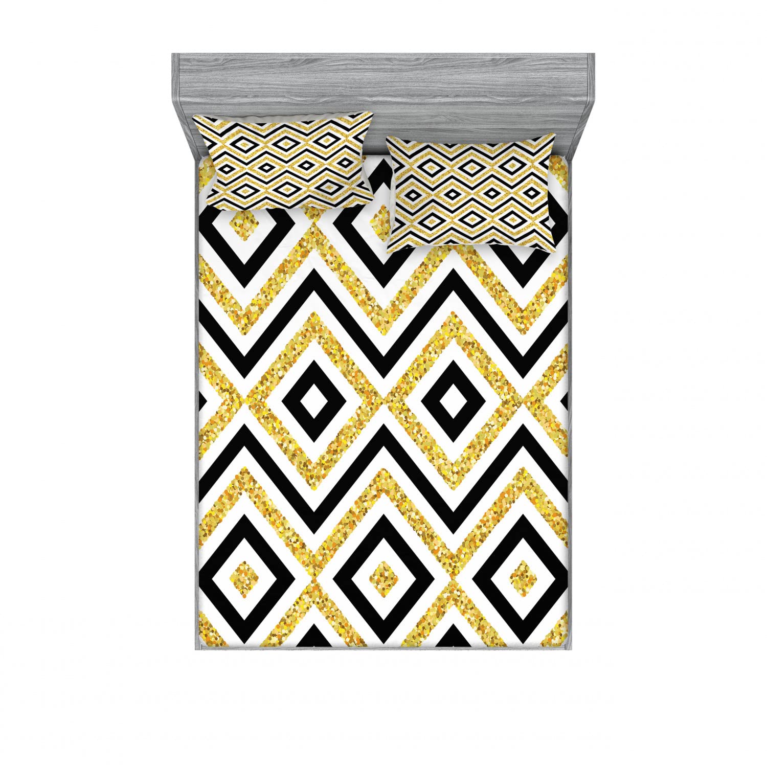 Ambesonne 2-Piece Queen Size Fitted Sheet Set with 4 Pillow Shams - Modern Geometric Black White Yellow Bedding Collection | Perfect for Guest Rooms, Dorm Decor & Contemporary Home Styling
