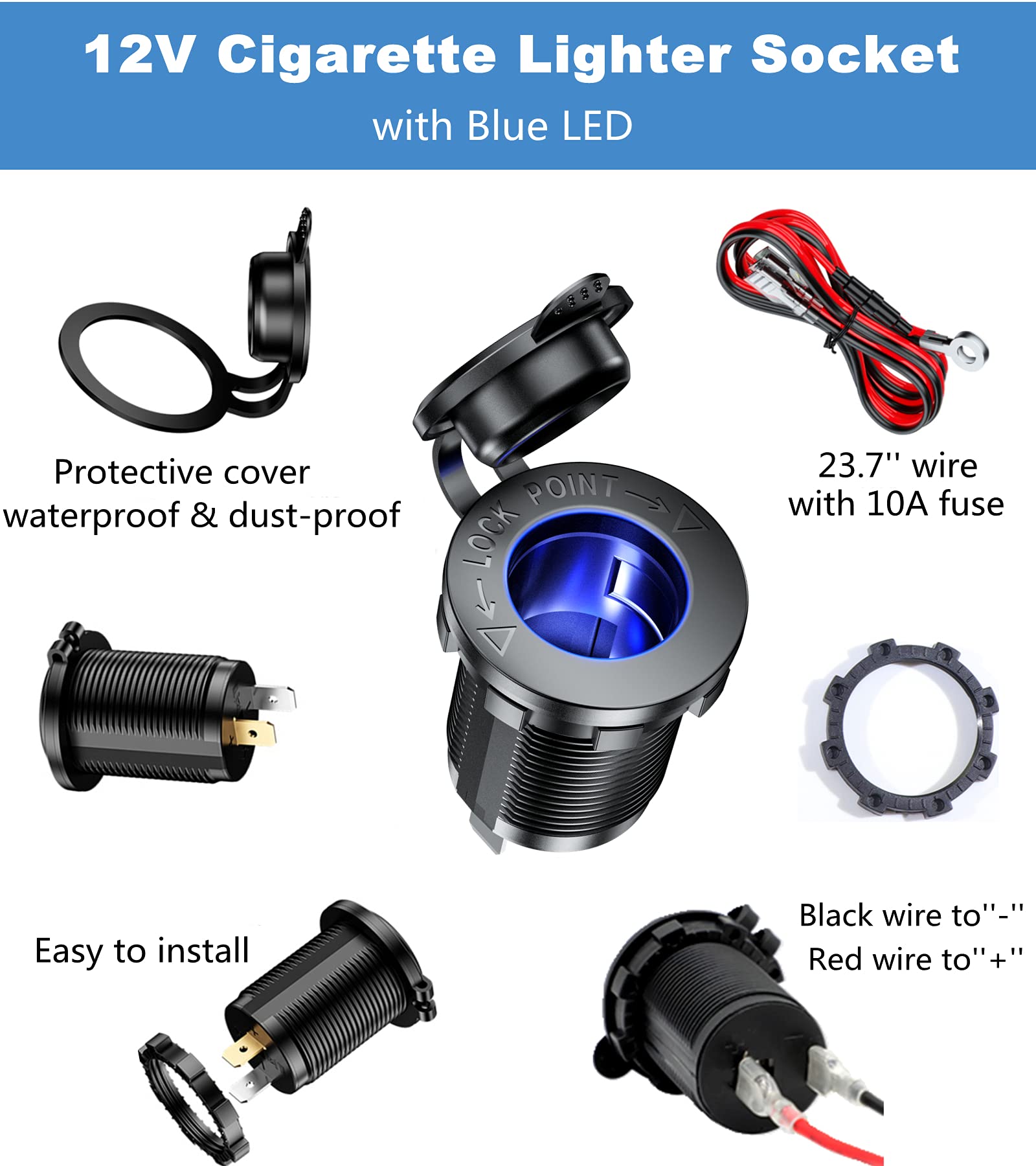 12V Cigarette Lighter Socket with Blue LED - Waterproof 12 Volt Power Outlet for Car, Marine, ATV, RV (2-Pack) - Perfect for Charging Devices On-The-Go