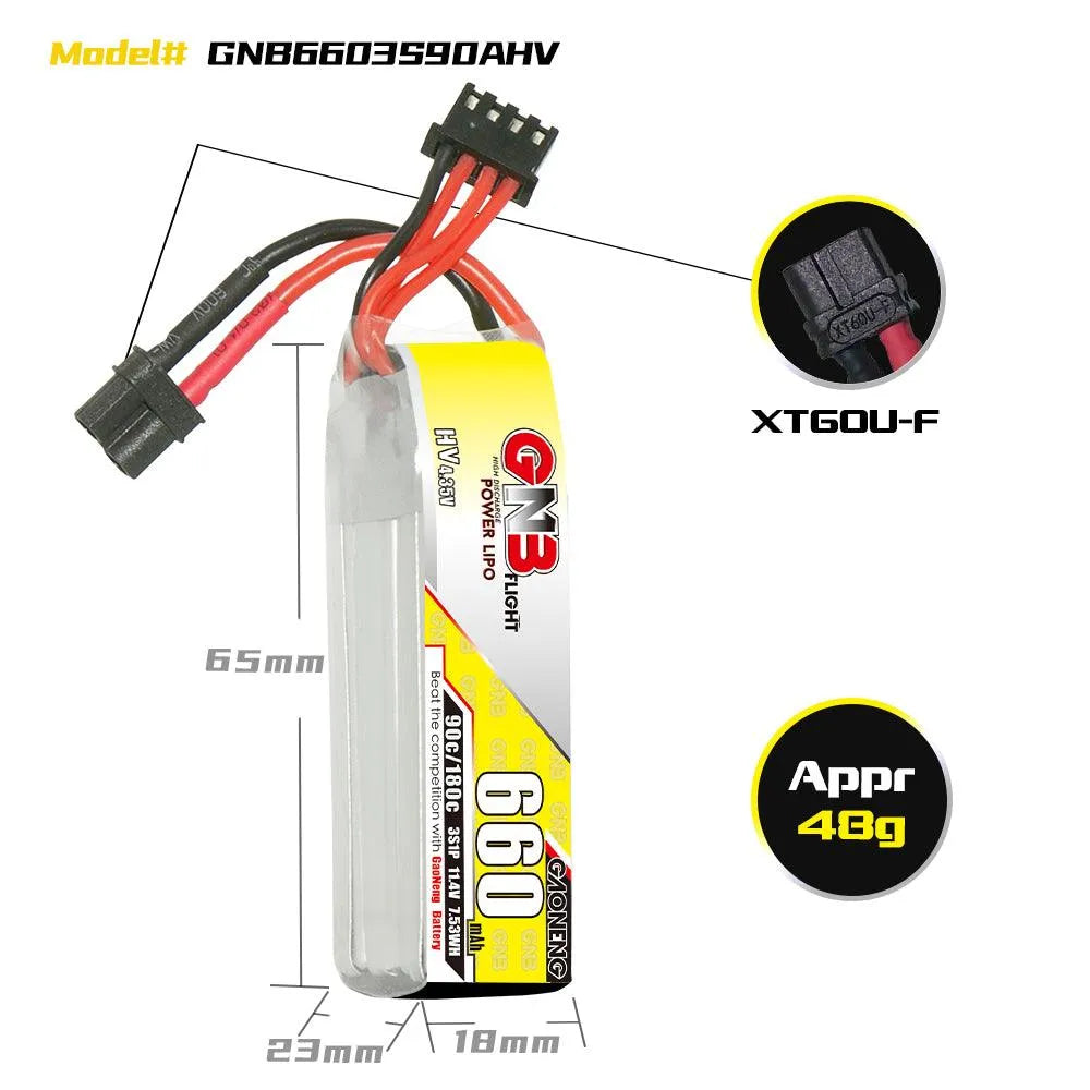 GNB 660mAh 11.4V 3S 90C High Voltage Lipo Battery with XT60 Connector (2-Pack) - Perfect for RC Drones, Airplanes, and FPV Racing
