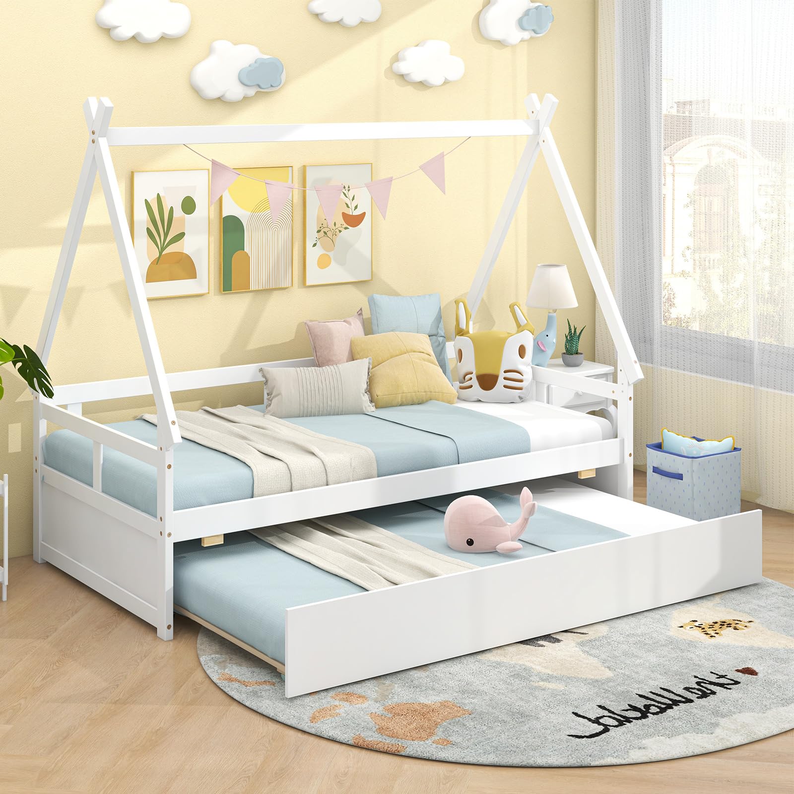 Giantex Twin House Bed with Trundle - Solid Wood Montessori Tent Bed Frame with Safety Guardrail, Low Teepee Bed for Kids & Teens - No Box Spring Needed - Perfect for Bedrooms, Playrooms & Montessori Classrooms (White)