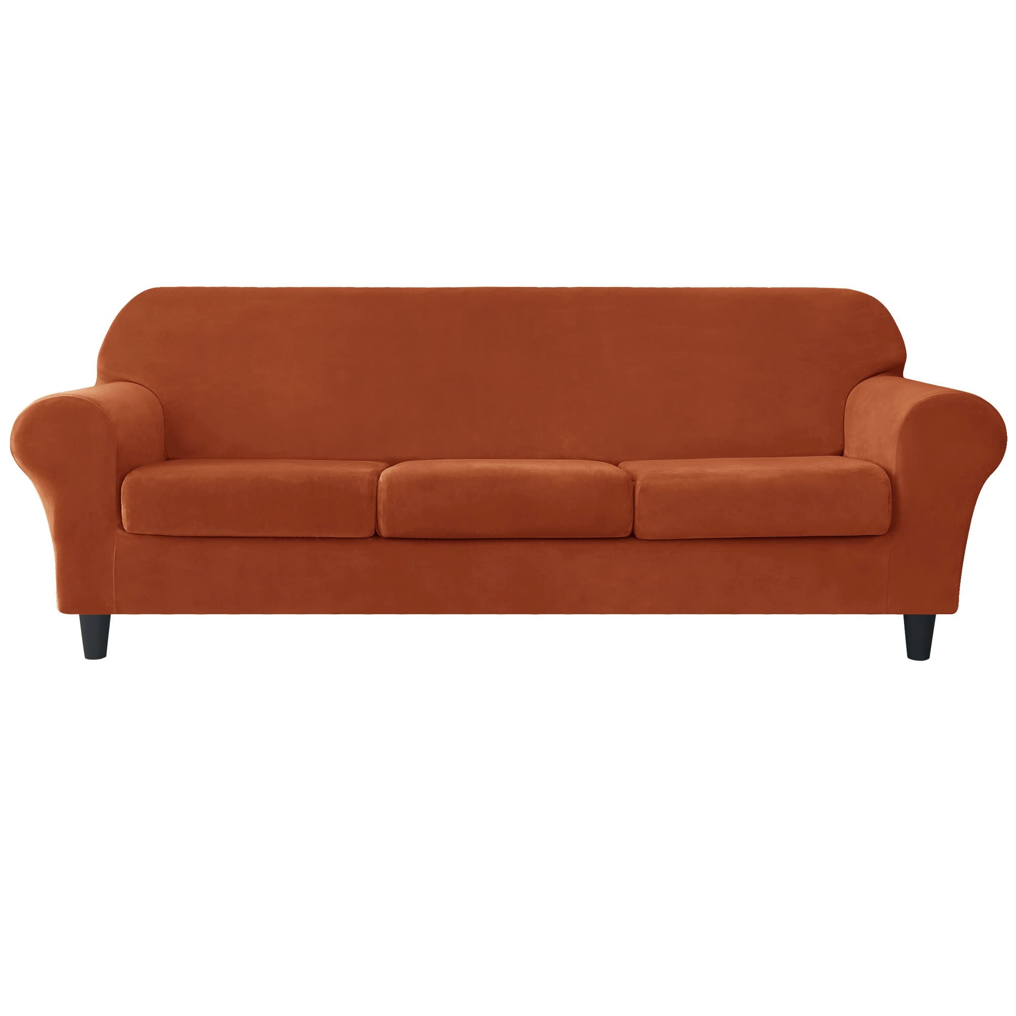 Stretch Velvet Sofa Slipcover - Ultra Soft Furniture Protector for Pets & Kids - Red Brown Large Couch Cover - Perfect for Living Room, Family Room & Pet-Friendly Homes