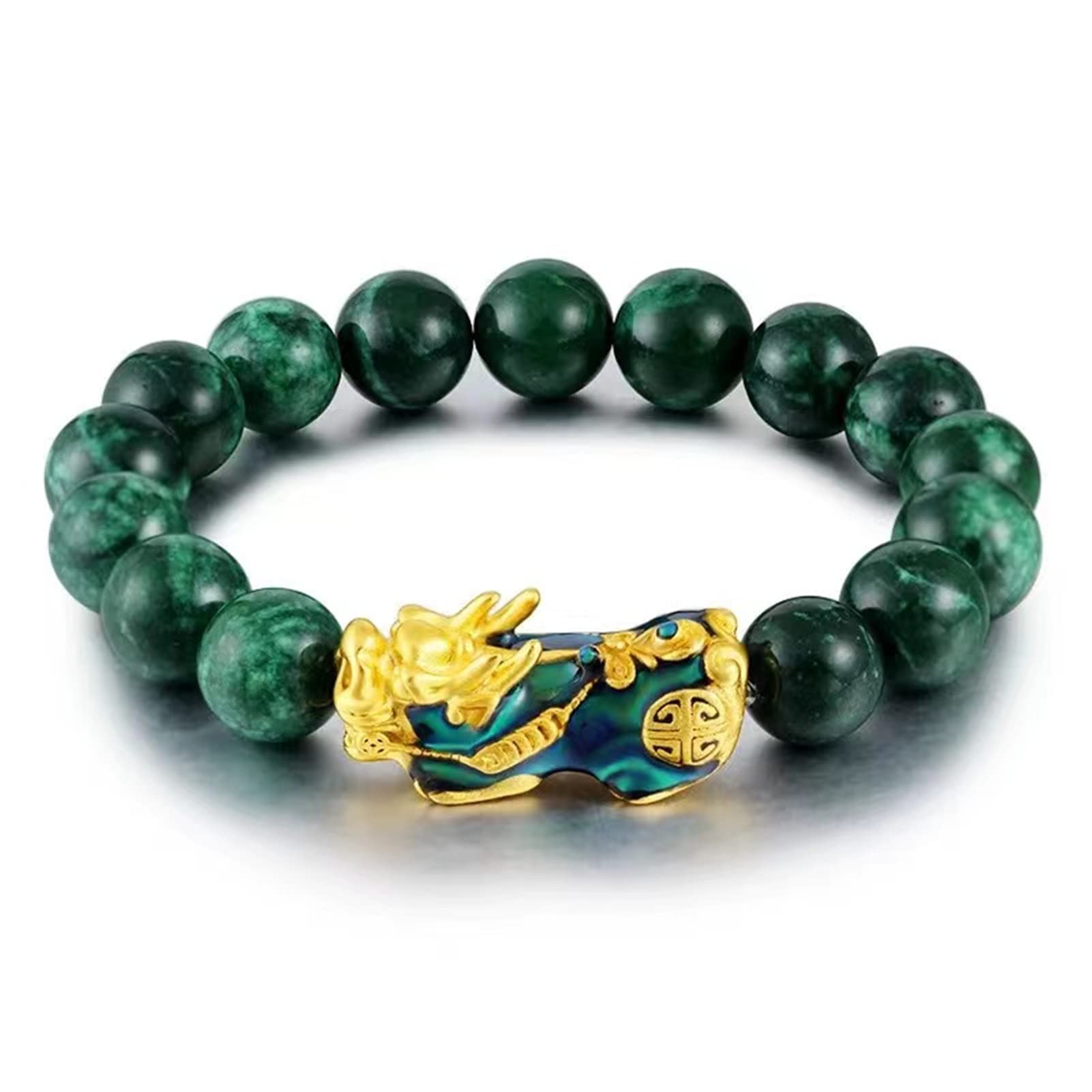 Feng Shui Bracelet for Wealth & Luck - Green Stone Beads Unisex Pixiu Bracelet with Gold Charm for Men & Women (Black/Green) - Perfect for Meditation, Gifts & Positive Energy