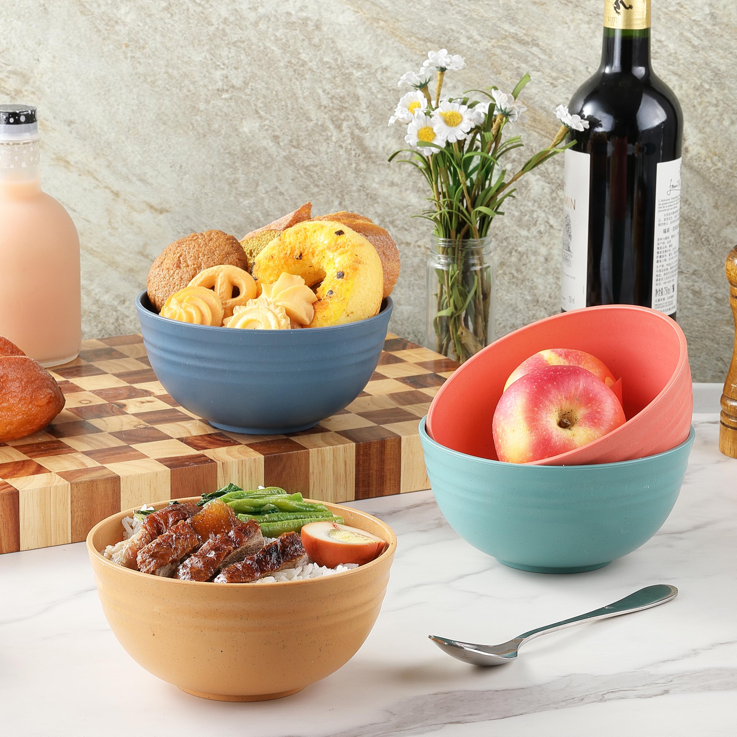 Durable Wheat Straw Cereal Bowls Set of 8 - BPA Free, Microwave & Dishwasher Safe - 26oz Bowls for Cereal, Soup, Salad, Rice & Snacks - 4 Colors - Perfect for Home, Office, Camping & Picnics