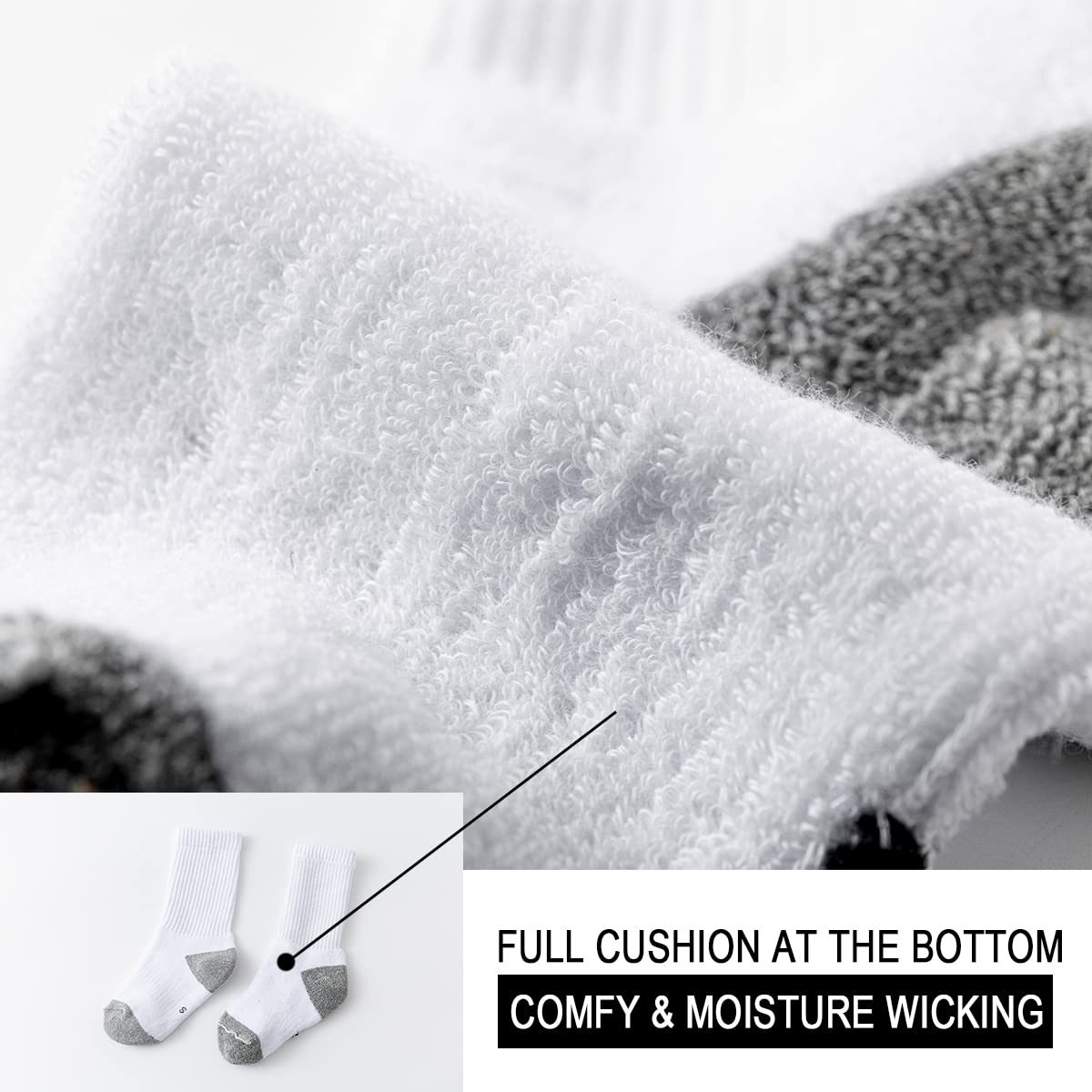 Marchare Boys & Girls Cushioned Crew Socks - 6 Pack Thick Cotton Athletic Running Socks for Kids (Black/White) - Perfect for School, Sports & Daily Activities