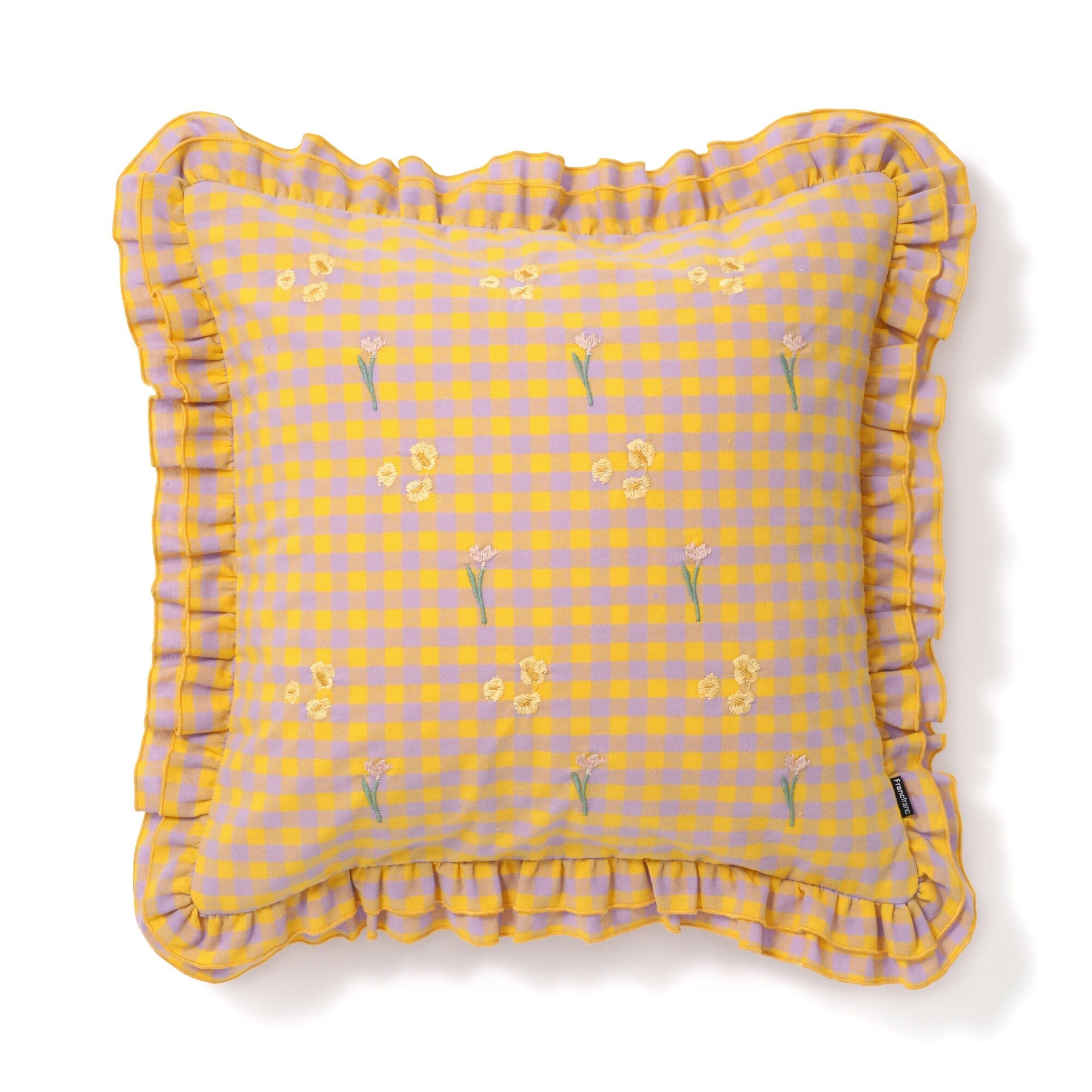 Frilled Embroidered Cushion Cover 18x18 Inches Yellow and Purple - Perfect for Sofa, Bed, Chair Decor and Home Styling