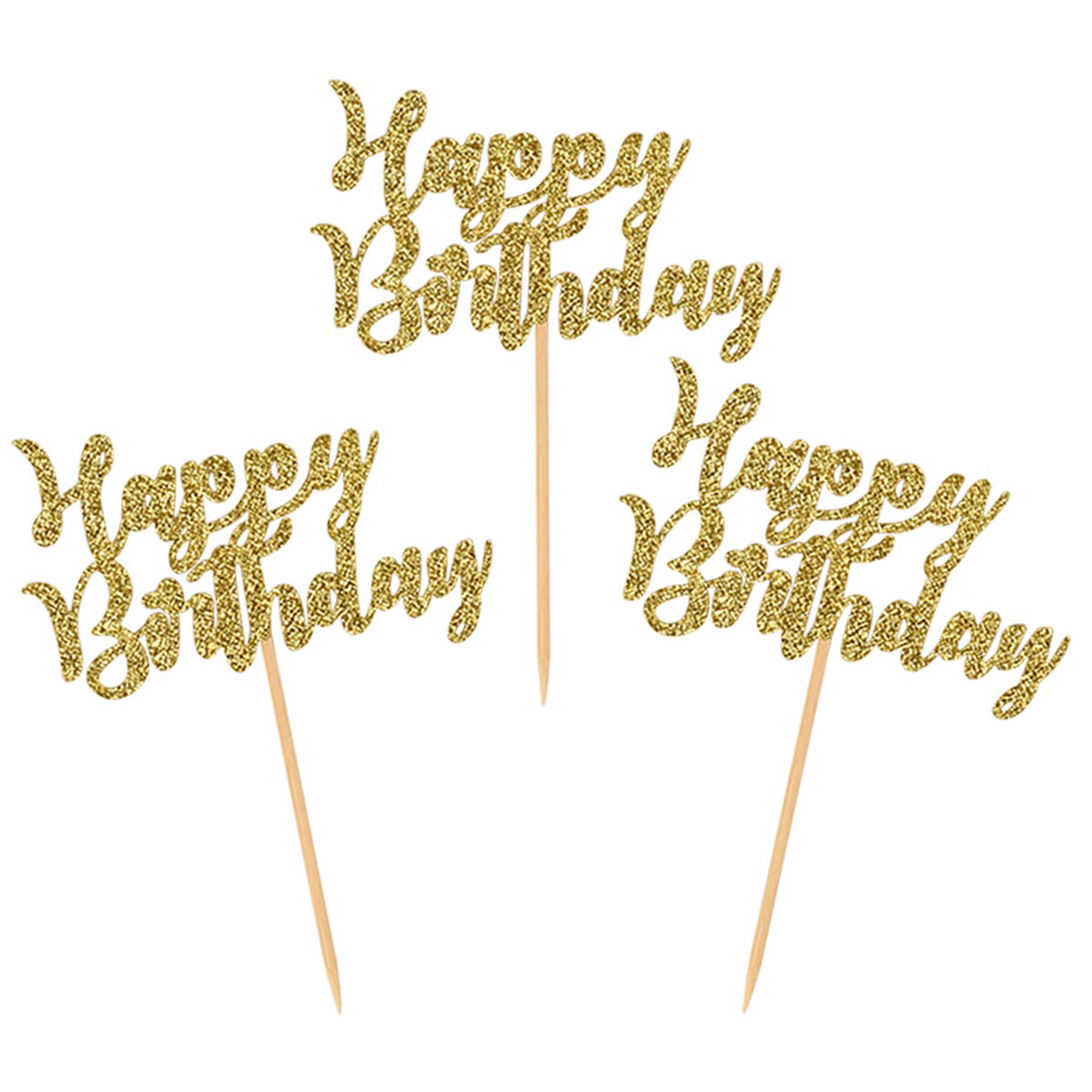24-Pack Gold Glitter Happy Birthday Cupcake Toppers - Cake Decor Picks for Birthday Party Supplies - Perfect for Baby Showers, Weddings & Anniversary Celebrations