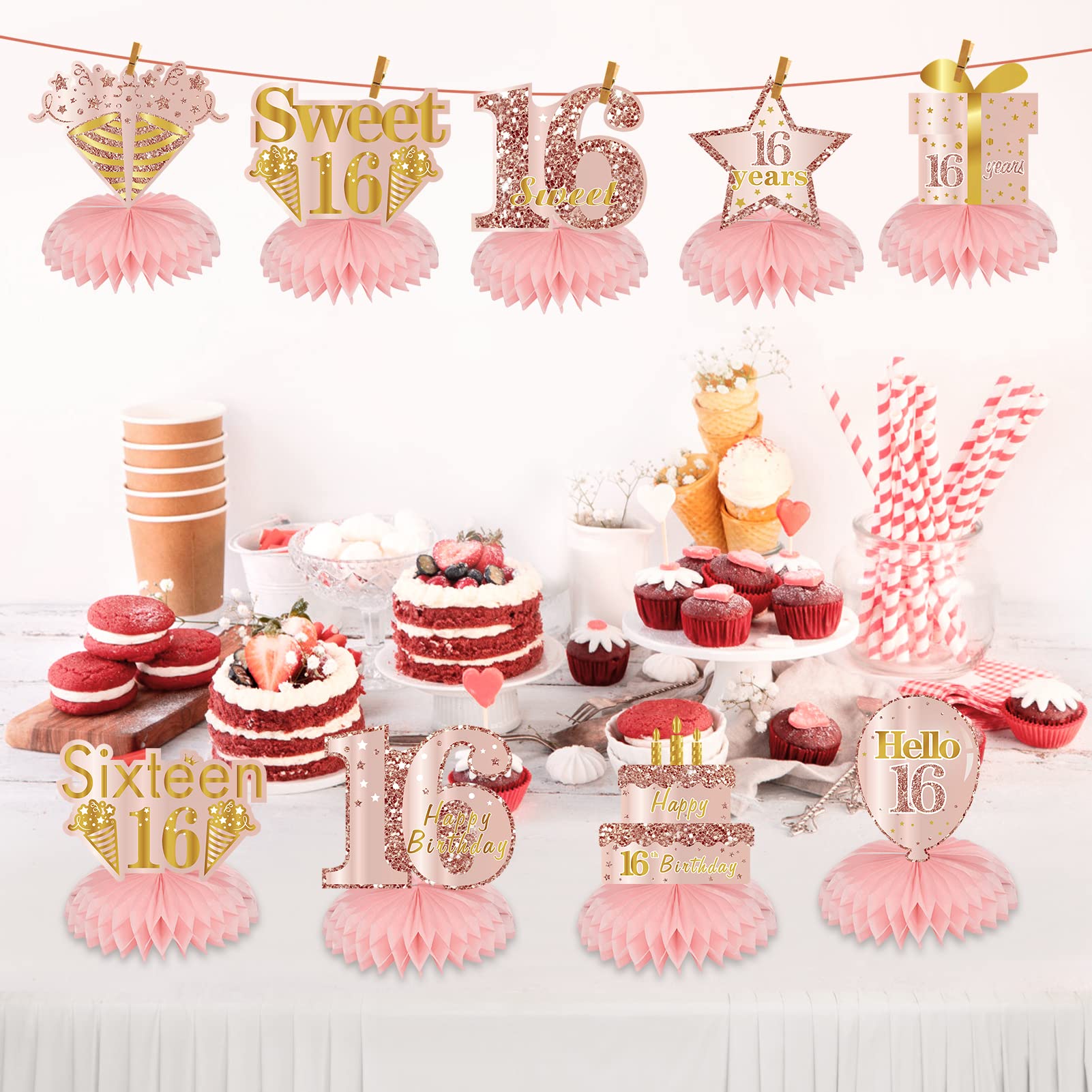 Sweet 16 Birthday Party Decorations - 9Pcs Pink Rose Gold Honeycomb Centerpieces for Girls, 16th Birthday Table Decorations & Party Supplies, Sixteen Year Old Birthday Table Toppers - Perfect for Sweet 16 Celebrations, Birthday Parties, Quinceañeras & Special Occasions