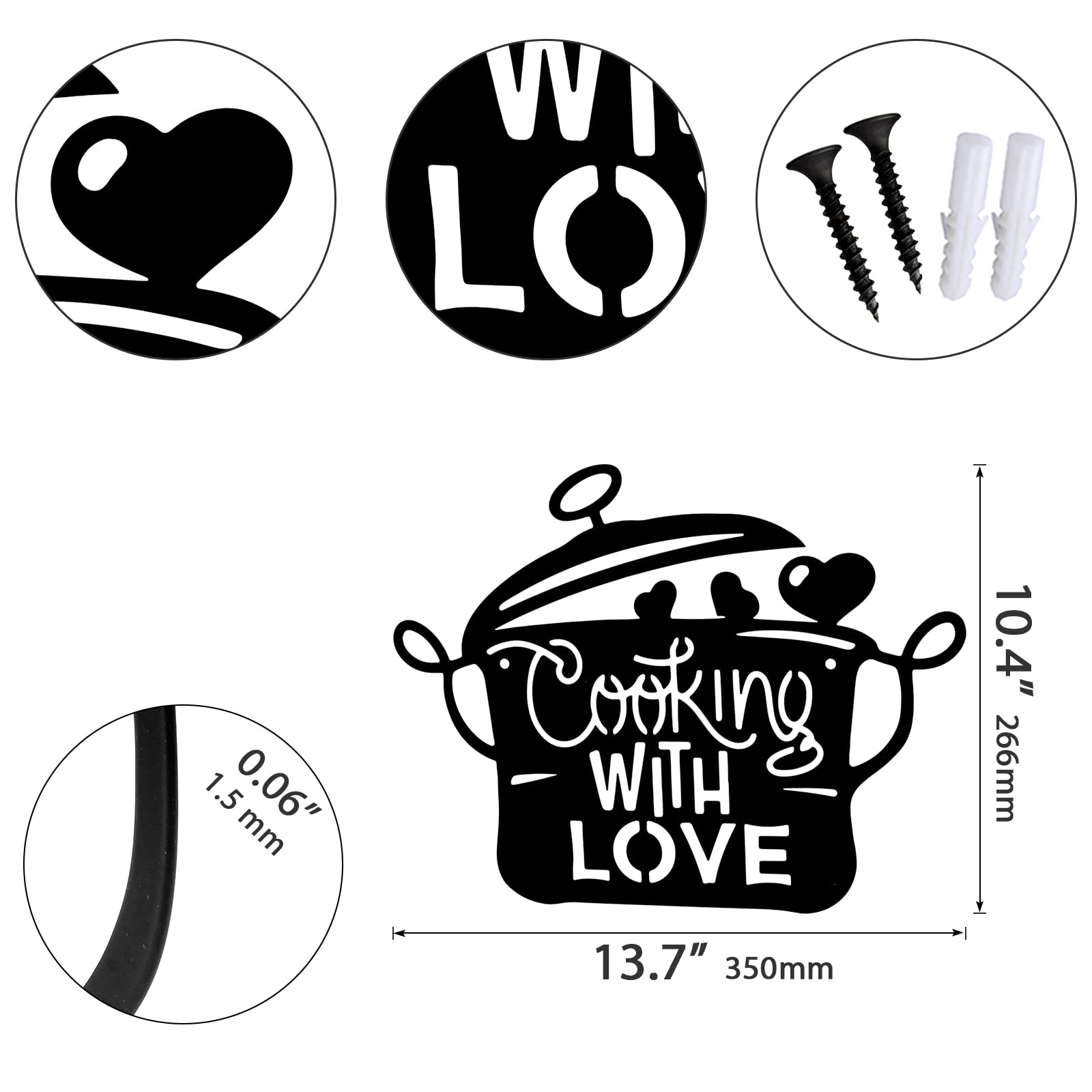 14 x 11 Inch Black Metal Kitchen Wall Decor - Cooking with Love Sign - Rustic Home Kitchen Decorations - Perfect Gift for Chefs & Home Cooks (Ideal for Farmhouse, Apartment & Restaurant Decor)