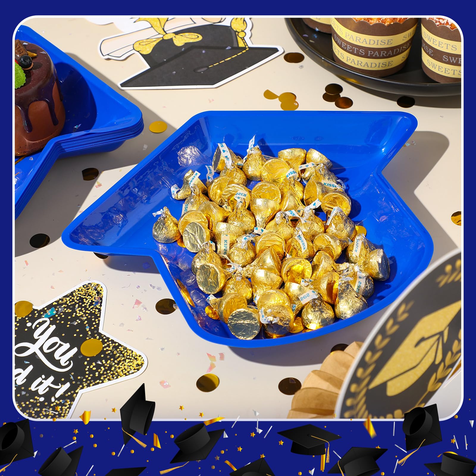 24-Pack Graduation Party Plates - Hat-Shaped Reusable Snack Trays for Cookies, Chips & Candy - 11.6 x 9.6 Inch Blue Graduation Decor - Perfect for Grad Parties, Dessert Buffets & School Celebrations
