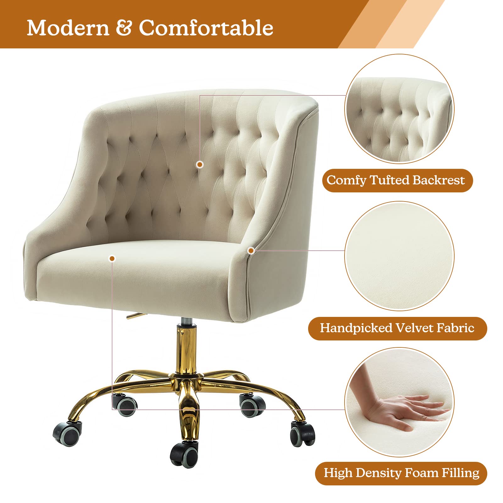 Luxury Velvet Home Office Chair with Gold Base - Modern Adjustable Swivel Task Chair for Living Room, Bedroom & Study - Soft Comfortable Desk Chair for Working, Gaming & Vanity (Tan)