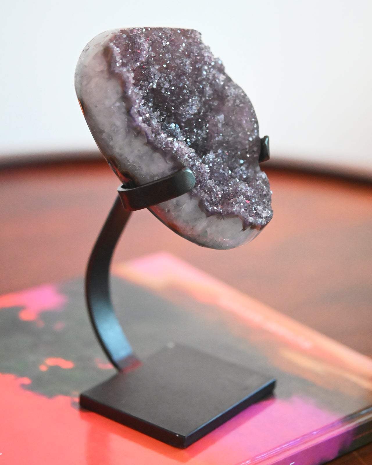 Natural Amethyst Crystal Geode on Wooden Stand - 3.1lbs Raw Purple Quartz Cluster for Home Decor, Meditation & Healing | Perfect for Living Room, Office & Spiritual Space