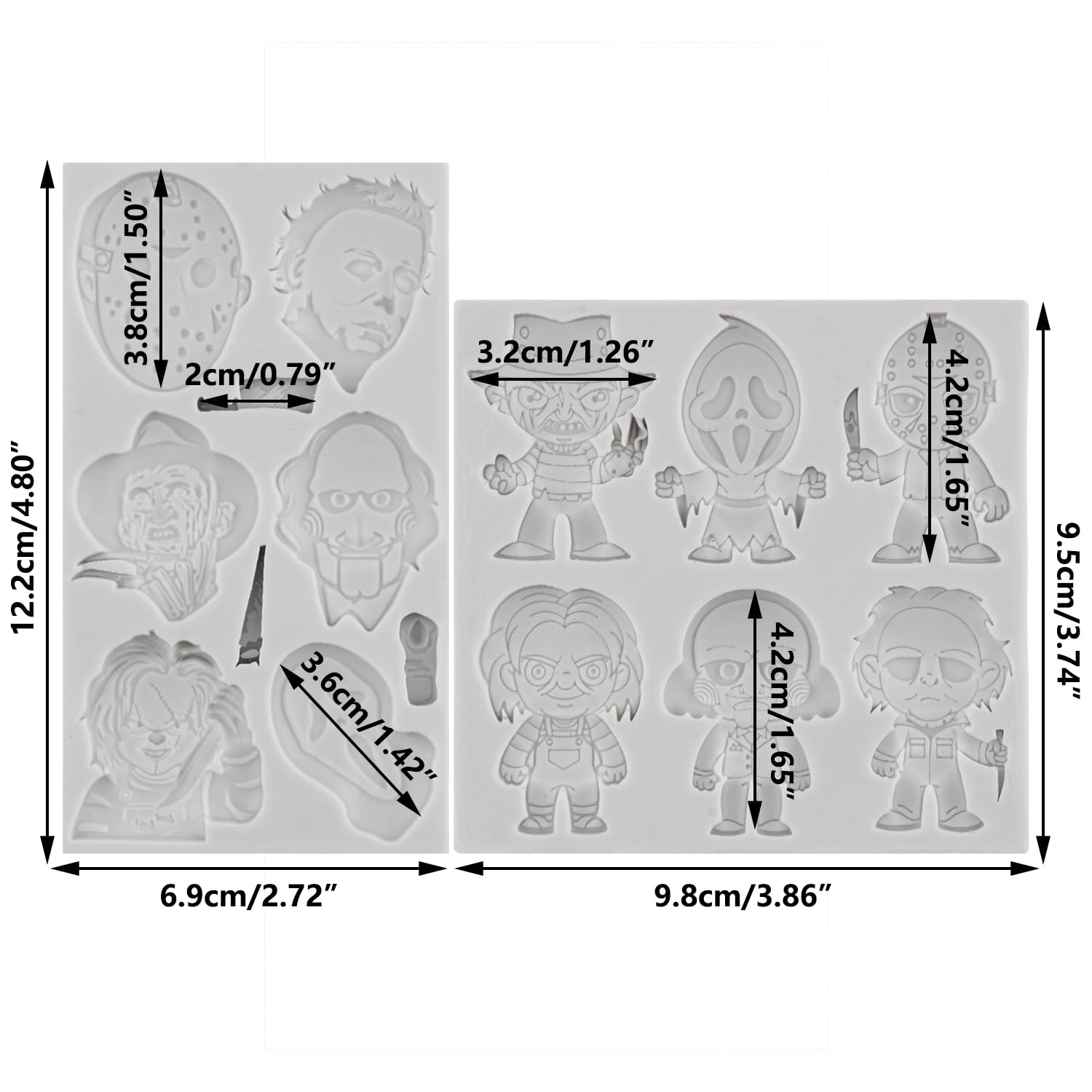Scary Movie Characters 3D Silicone Fondant Molds Set of 2 - Halloween Cake Decorating, Cupcake Toppers for Candy, Chocolate, Gum Paste & Polymer Clay - Perfect for Horror Themed Parties & DIY Decor