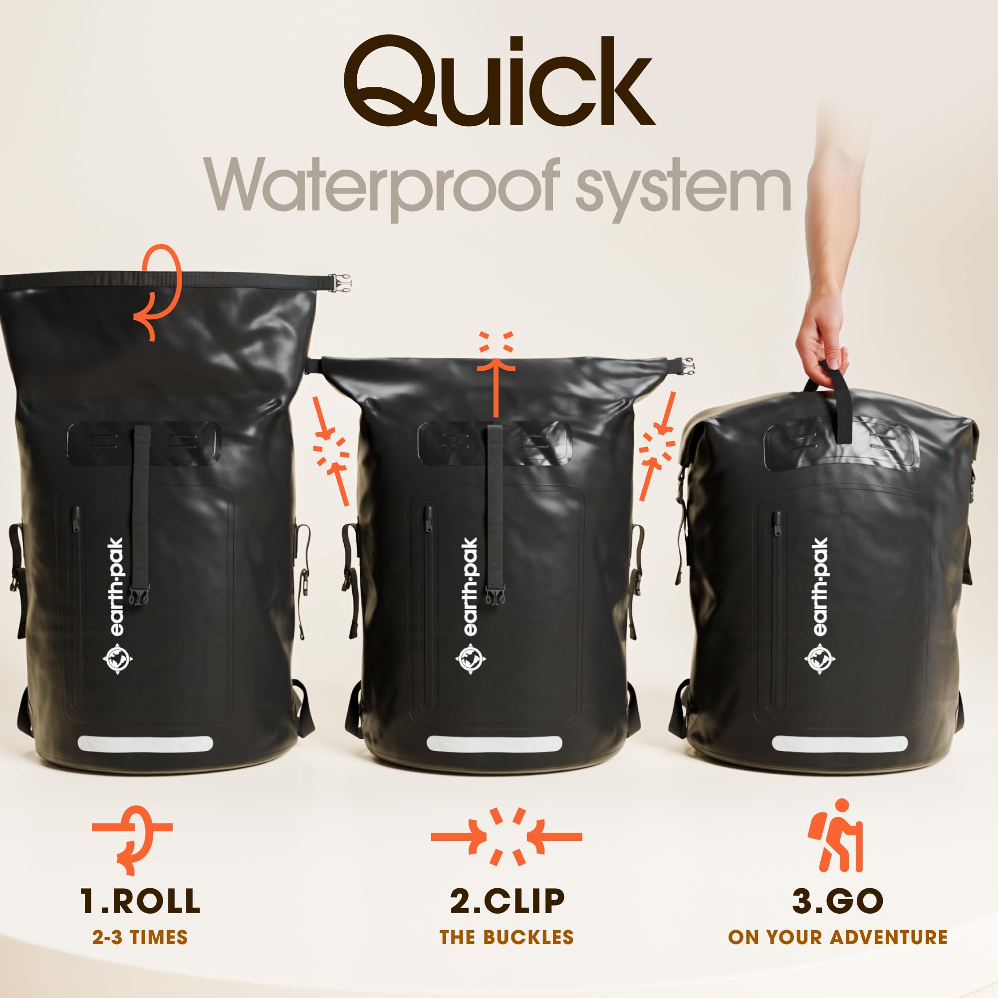 **Earth Pak Waterproof Backpack - Heavy Duty Roll-Top Dry Bag with Front Zipper Pocket & Waterproof Phone Case - Ideal for Hiking, Kayaking, Travel & Outdoor Adventures**