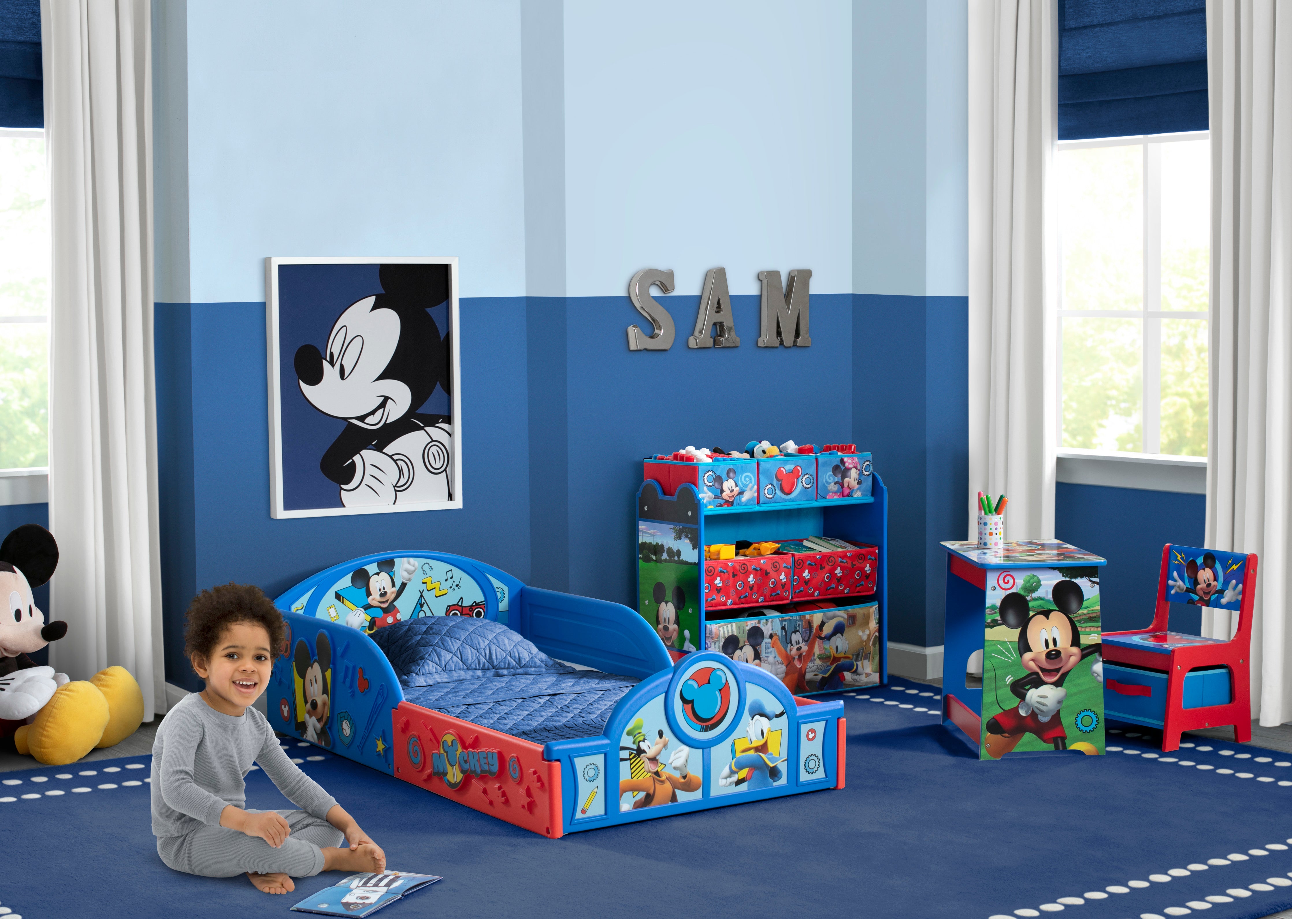 Mickey Mouse 4-Piece Kids Bedroom Set - Toddler Bed, Toy Storage Bin & Study Desk with Chair - Perfect for Disney Themed Nursery & Playroom Decor