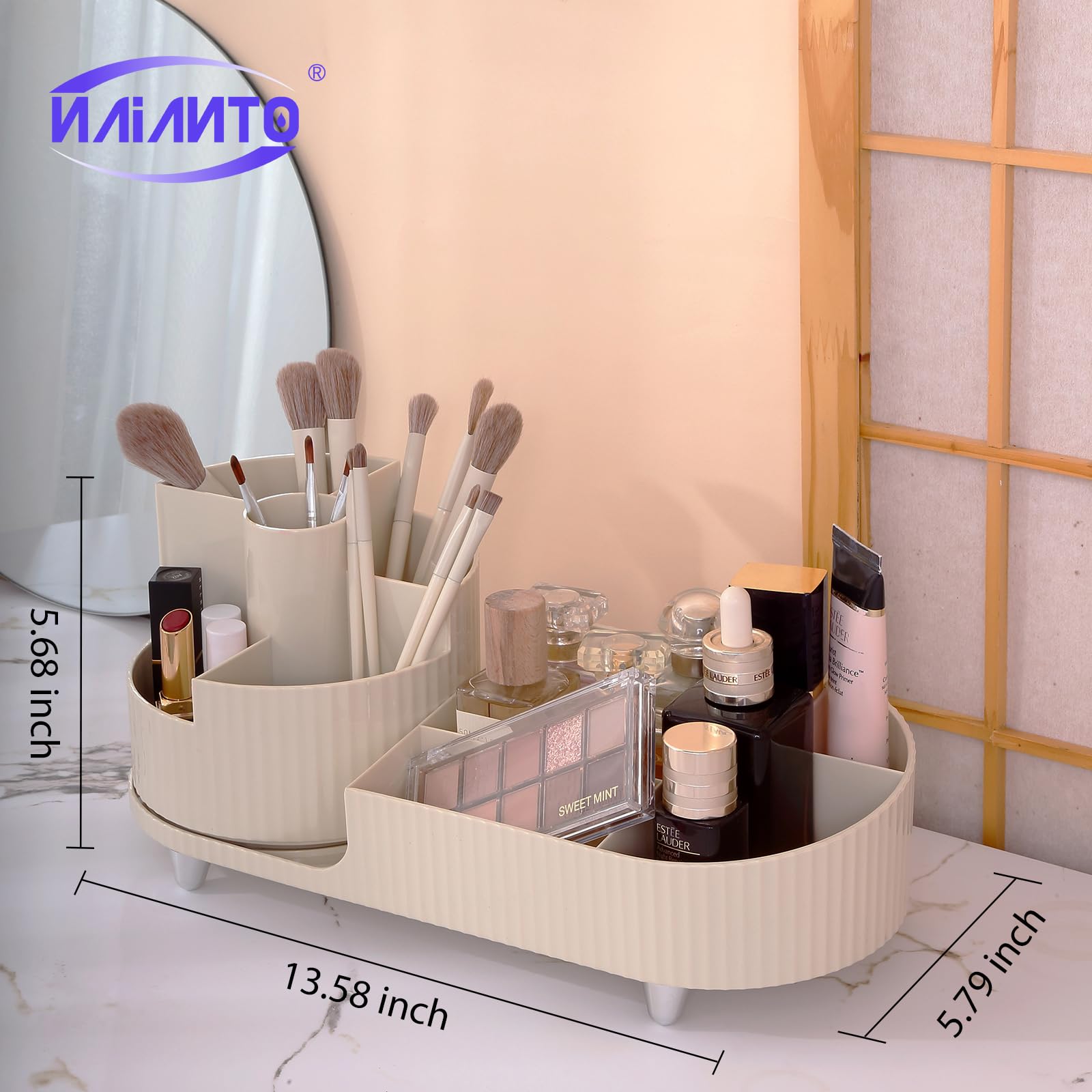 Rotating Makeup Organizer for Vanity - Cosmetic & Skincare Storage - Perfect for Brushes & Lipsticks (Creamy) - Ideal for Beauty Routines