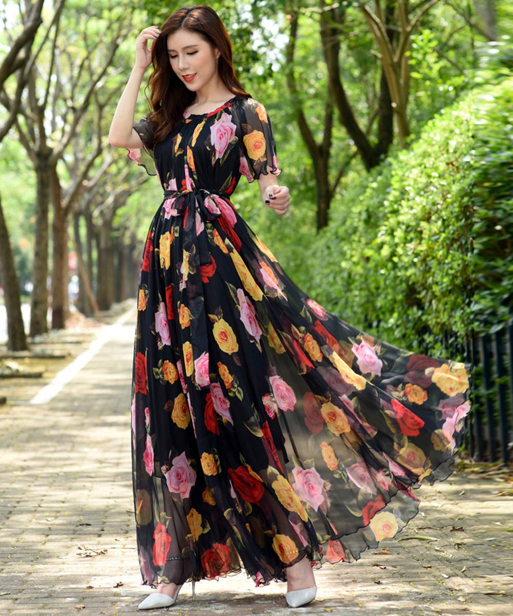 MedeShe Women's Bohemian Floral Print Short Sleeve Maxi Dress - Perfect for Summer Beach Vacations, Music Festivals & Boho Chic Outfits