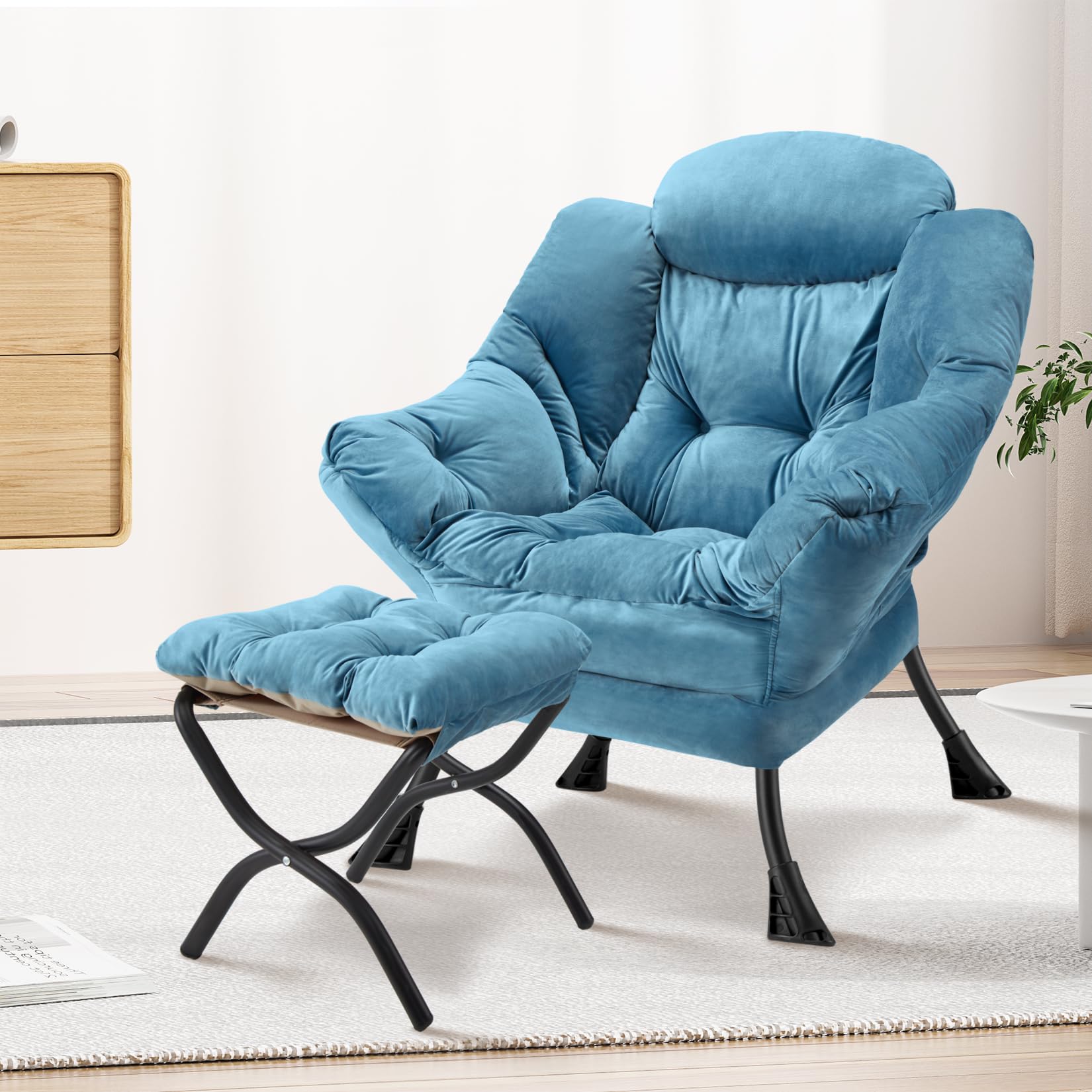 Modern Large Accent Chair with Folding Ottoman - Contemporary Upholstered Lounge Chair with Armrests - Comfortable Reading Armchair for Bedroom, Dorm & Office (Blue) - Perfect for Relaxing, Napping & Small Space Living