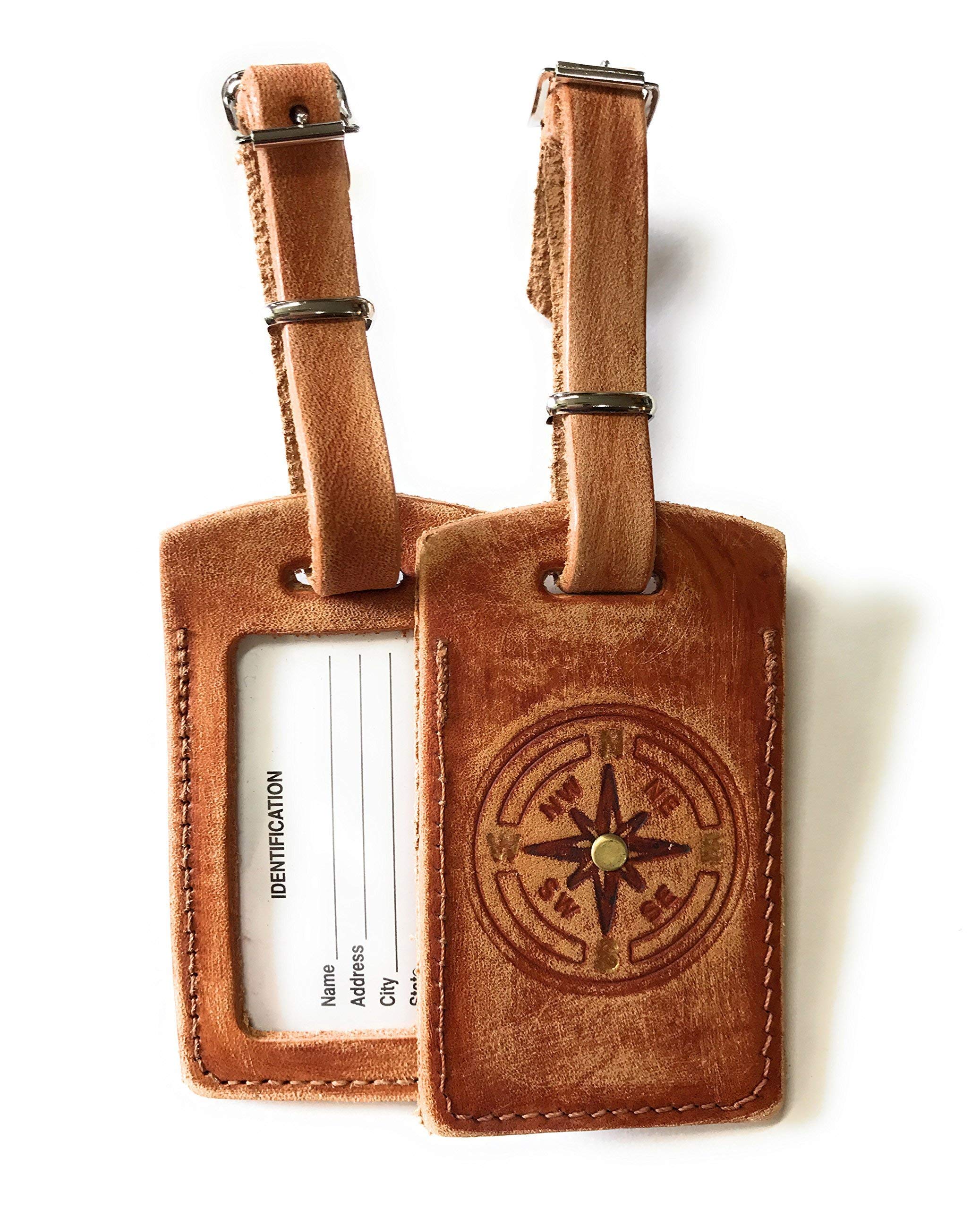 Vintage Boho Leather Luggage Tag with Compass Rose Design & Custom Name Plate - Perfect for Travel, Suitcases, Backpacks & Gift Giving