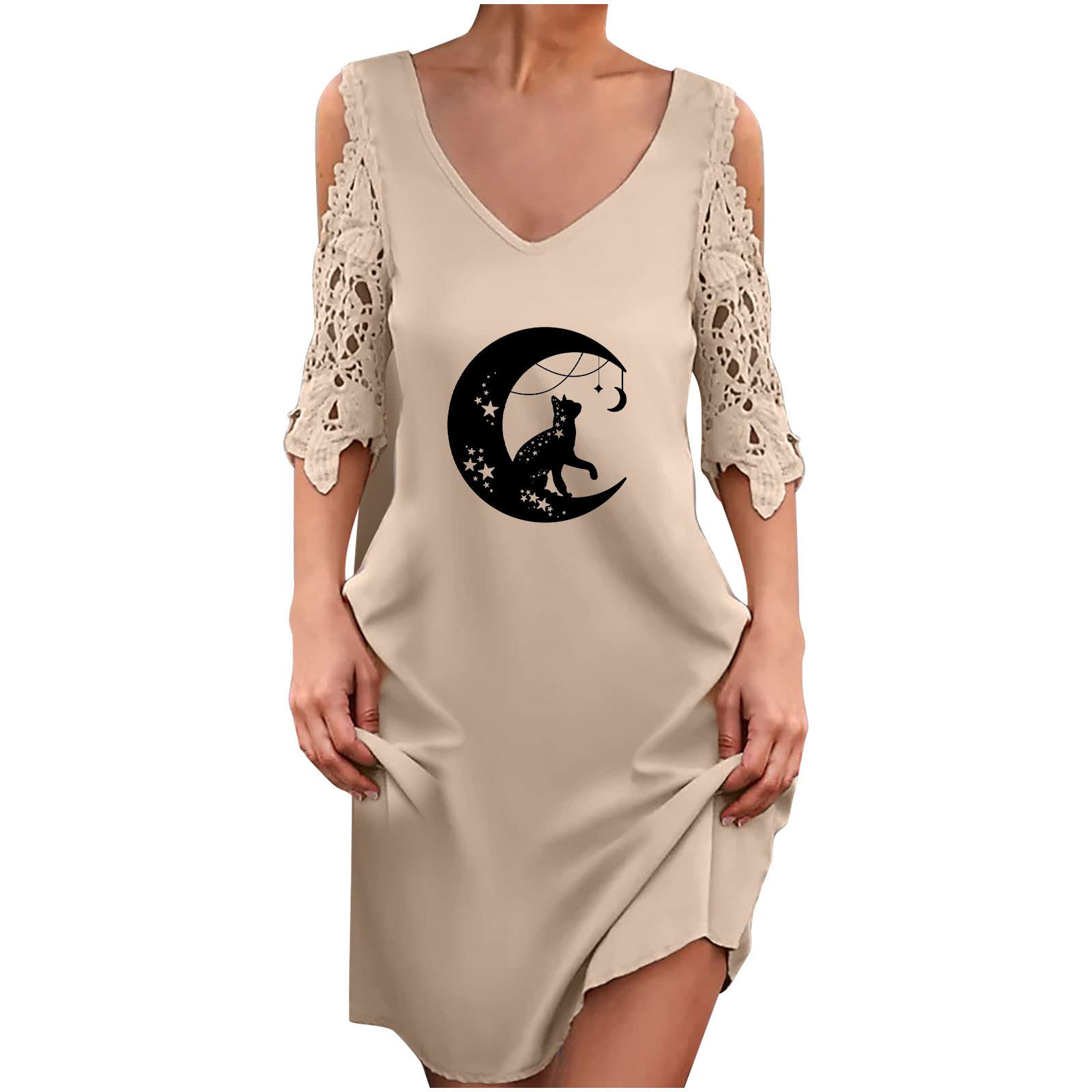 Women's Summer Cold Shoulder Lace Crochet Dress - Short Sleeve V-Neck Shift Dress for Casual Wear, Parties & Beach Outings | Flowy Loose T-Shirt Style