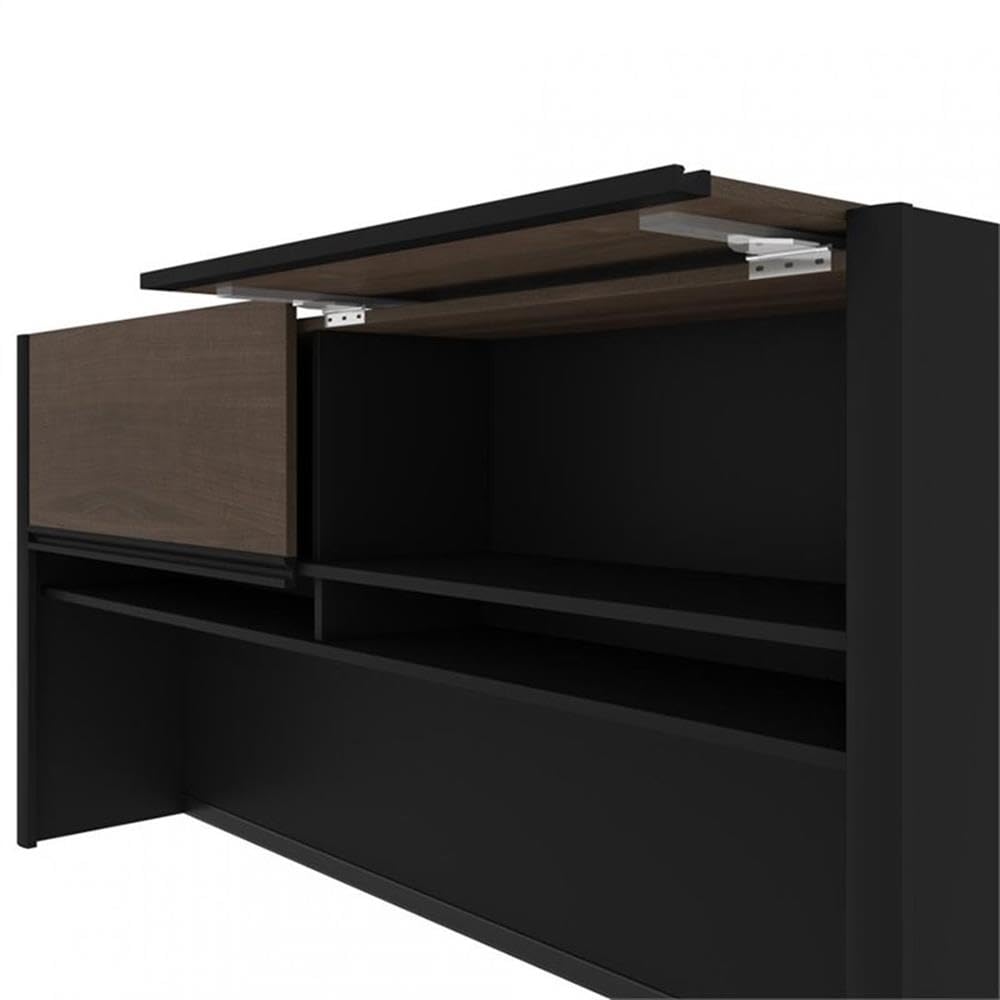 Pemberly Row 5-Piece L-Shaped Computer Desk with Hutch in Antigua and Black - Home Office Furniture for Small Spaces, Gaming & Workstation Setup