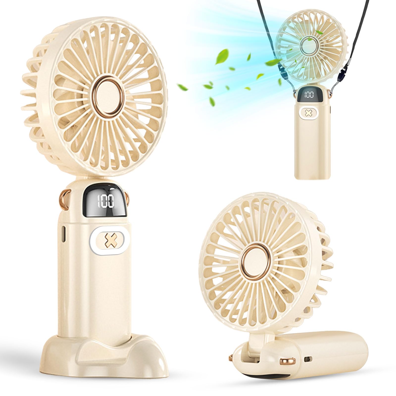 Portable Rechargeable Handheld Fan with LED Display - 15 Hours Cooling, Neck Fan for Outdoor Sports, Travel & Camping - Folding Mini Fan with Phone Holder for Office, Home & Car Use