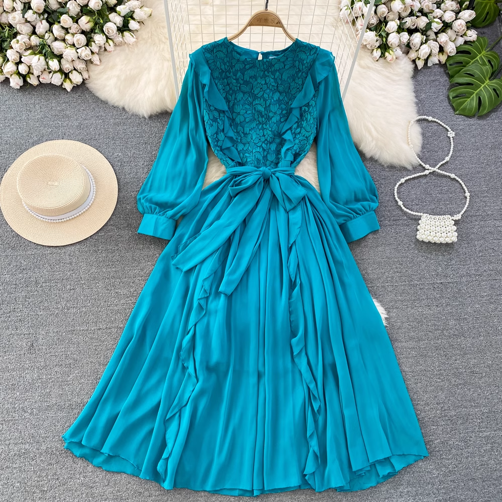 Elegant Long Sleeve Round Neck Lace A-Line Ruffled Maxi Dress for Women - Perfect for Weddings, Parties & Formal Occasions