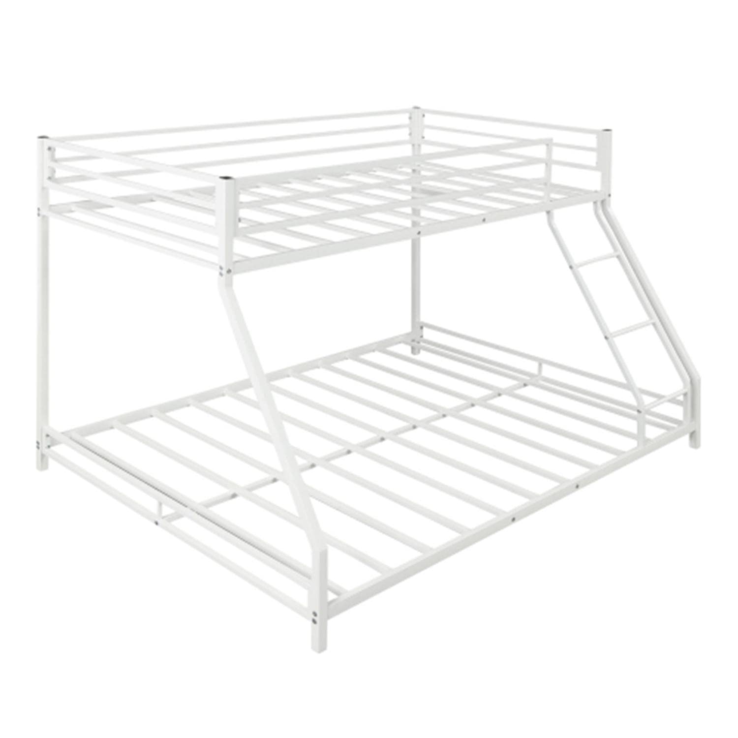 White Metal Twin Over Full Bunk Bed Frame with Sloping Ladder & Safety Guardrails - Sturdy Space-Saving Bunk Bed for Kids, Teens, Guest Rooms & Small Spaces