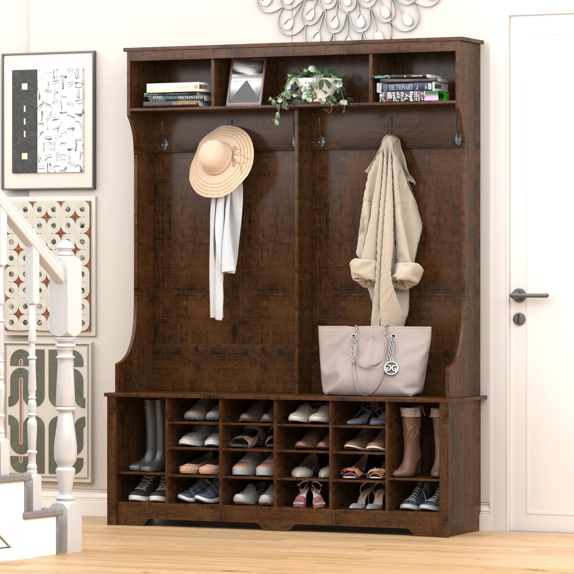 4-in-1 Hall Tree Entryway Bench with Coat Rack & Shoe Organizer - 6 Hanging Hooks & Adjustable Storage Shelves for Hallway, Bedroom, Living Room - Perfect for Small Space Organization & Entryway Decor (Dark Brown)