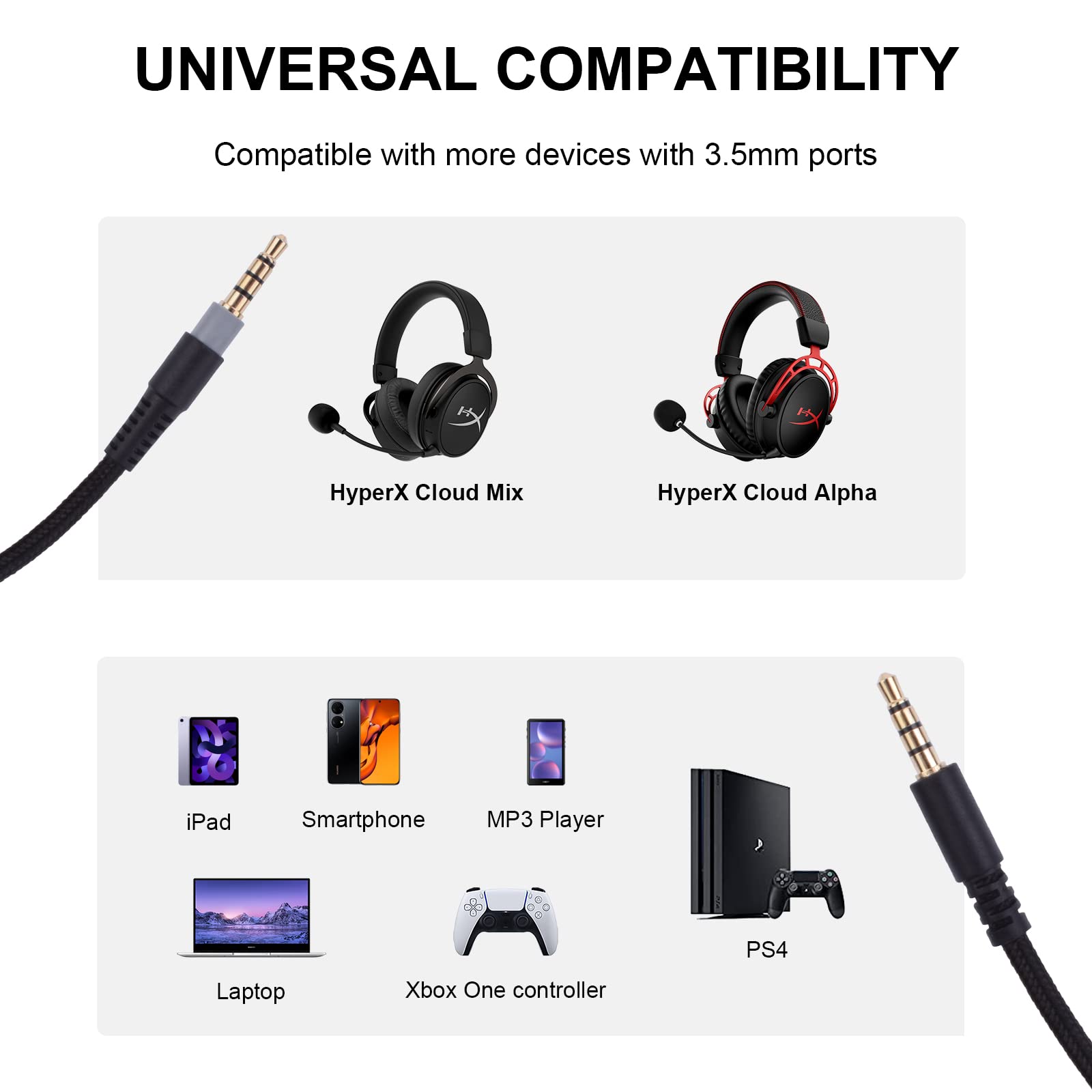 HyperX Cloud Mix & Alpha Replacement Cable - 3.5mm Aux Cord with Volume Control & Mute for Gaming Headsets (4.9Ft/1.5m) - Perfect for PC, PS4, Xbox & Mobile Gaming Accessories