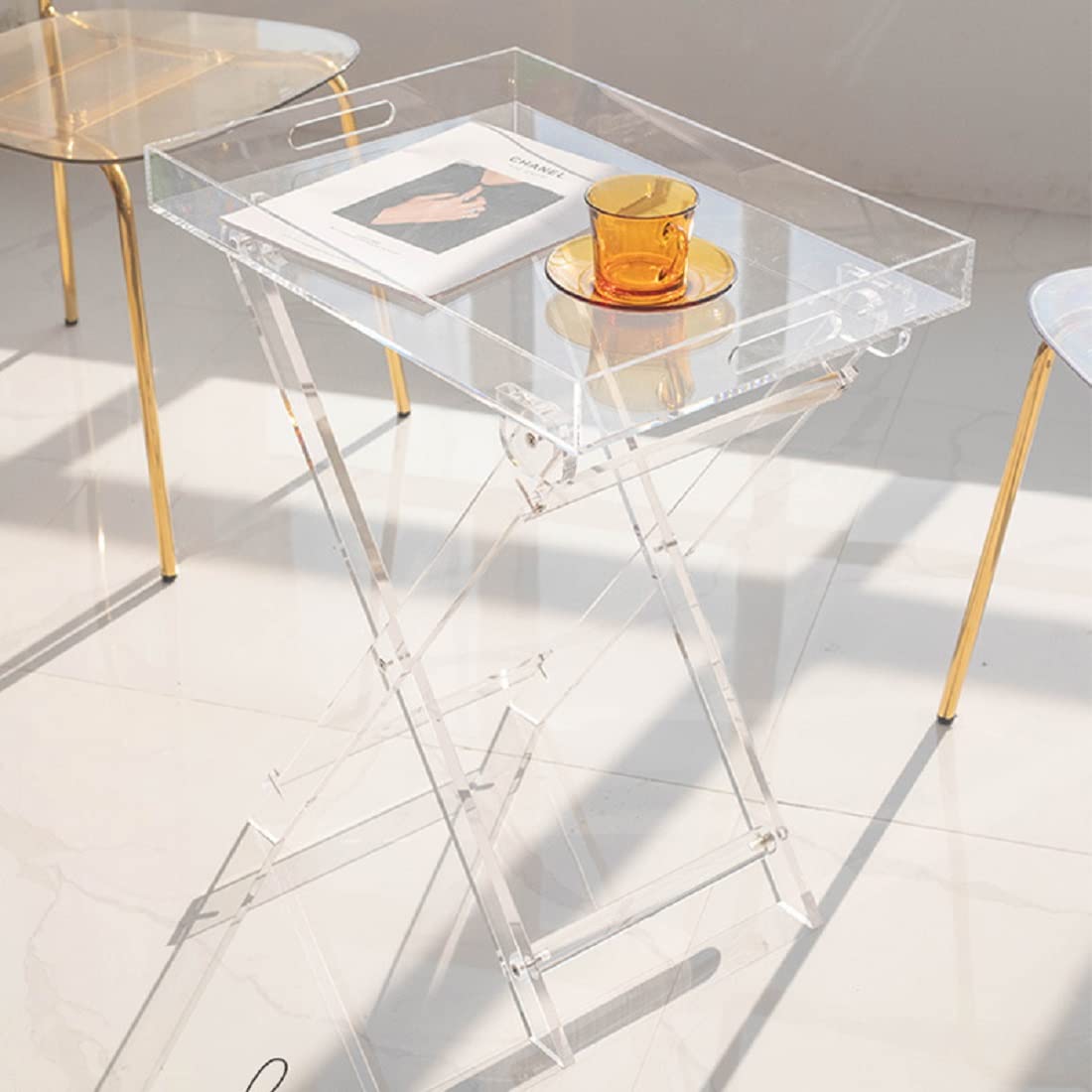 Gdrasuya10 Clear Acrylic Folding Tray Table - 19 Inch Modern Square Coffee Table & Portable Serving Table for Small Spaces - Perfect for Living Room, Bedroom, Balcony & Outdoor Use