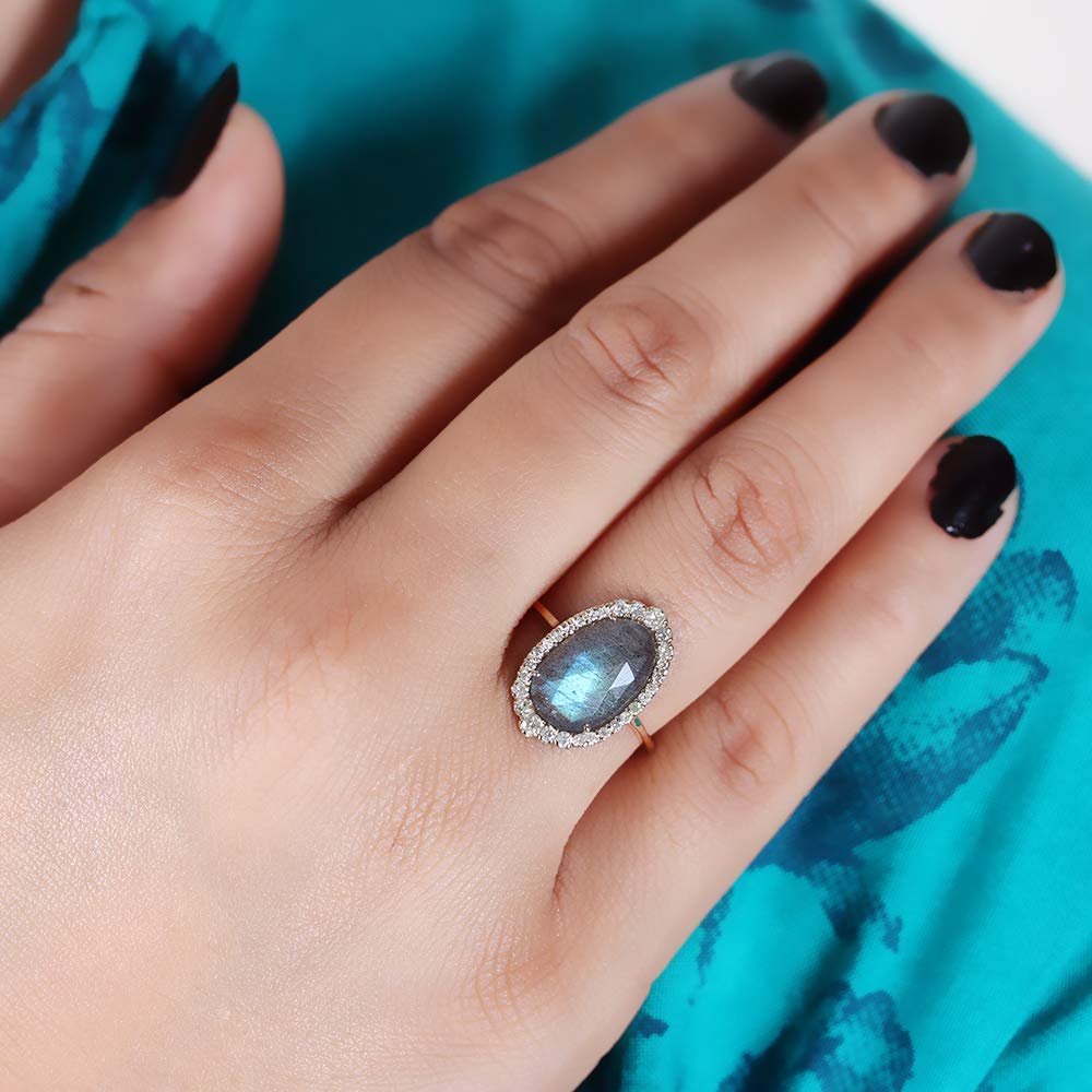 Anjistouch 14K Yellow Gold Labradorite Gemstone Ring with Pave Diamonds | Natural Round Cut Women's Jewelry for Everyday Wear & Special Occasions