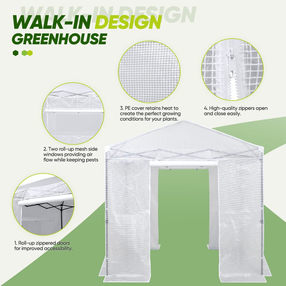 EAGLE PEAK 8x8 Portable Walk-in Greenhouse - Pop Up Indoor Outdoor Garden Plant Greenhouse with Zippered Doors & Windows, PE Cover - Perfect for Gardening, Seed Starting & Plant Protection (White)