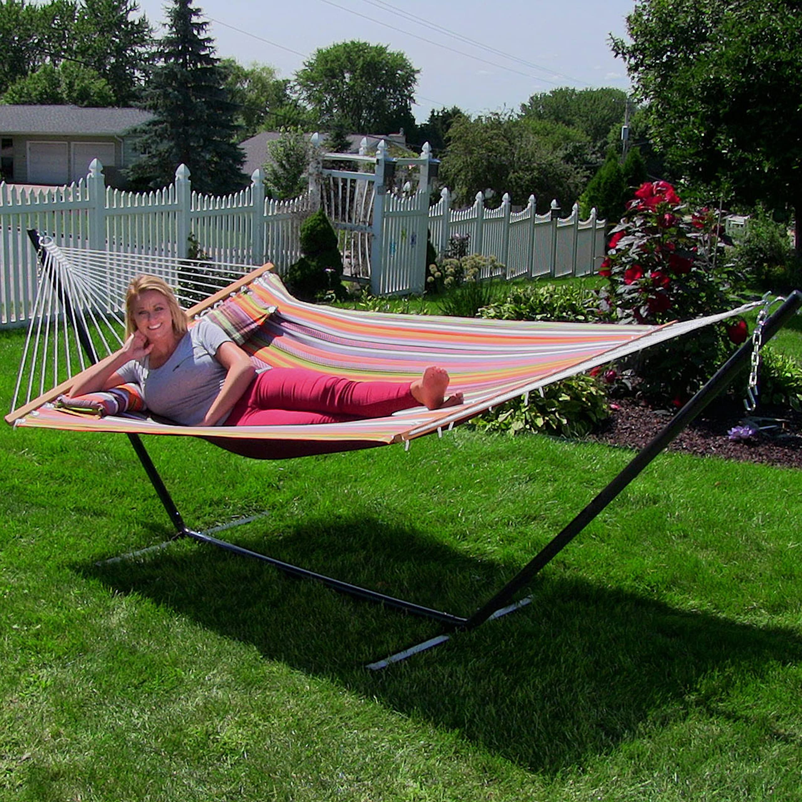 Sunnydaze Quilted Double Hammock with Stand - 350 lb Capacity 2-Person Outdoor Hammock, 12-Foot Steel Frame - Canyon Sunset Color - Perfect for Backyard, Patio, Camping & Beach Relaxation