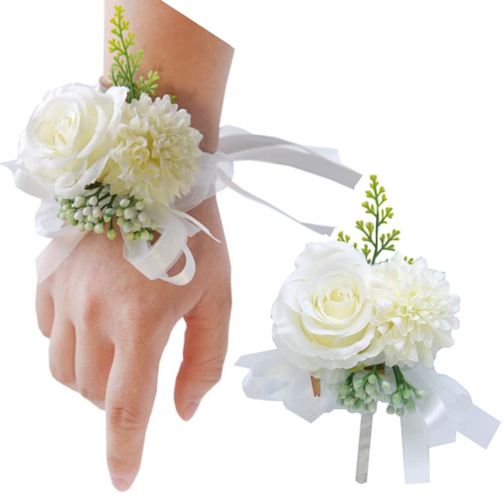 2PCS White Rose Wrist Corsage & Boutonniere Set for Wedding - Bridal Bouquet Alternative, Bride & Groom Matching Floral Accessories, Prom Party Decorations (Perfect for Weddings, Proms, Bridal Showers & Formal Events)