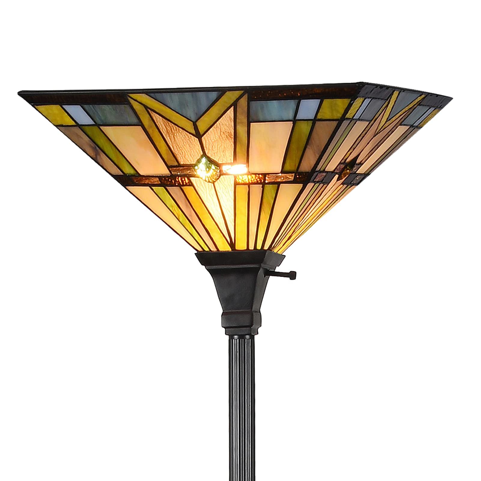Vintage Tiffany Style Mission Floor Lamp with Stained Glass Shade - Torchiere Uplight Standing Light Fixture for Living Room, Bedroom, Office - Multi-Colored Decorative Lighting for Home & Workspace Ambiance