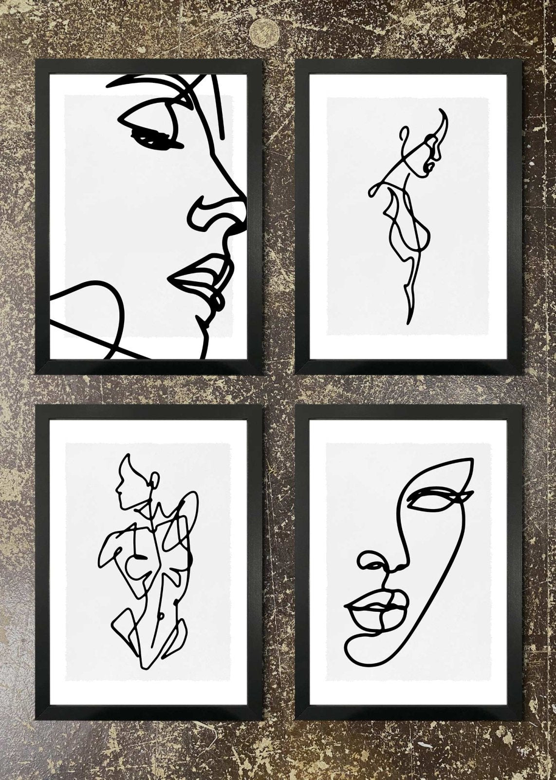 4 Black and White Line Art Prints with Frames - Modern Wall Decor for Living Room, Bedroom & Office