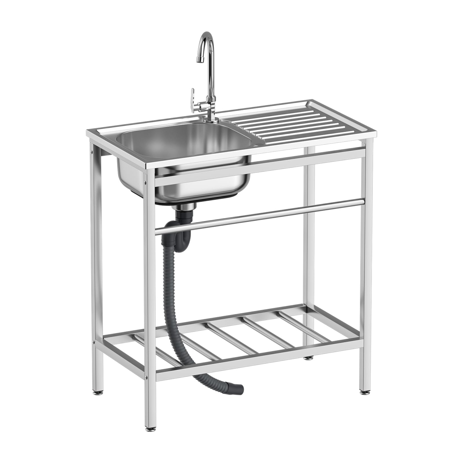 Stainless Steel Utility Sink with Hot & Cold Faucet - Free Standing Single Bowl Hand Washing Station with Shelves - Perfect for Camping, Garage, Kitchen & Backyard Use
