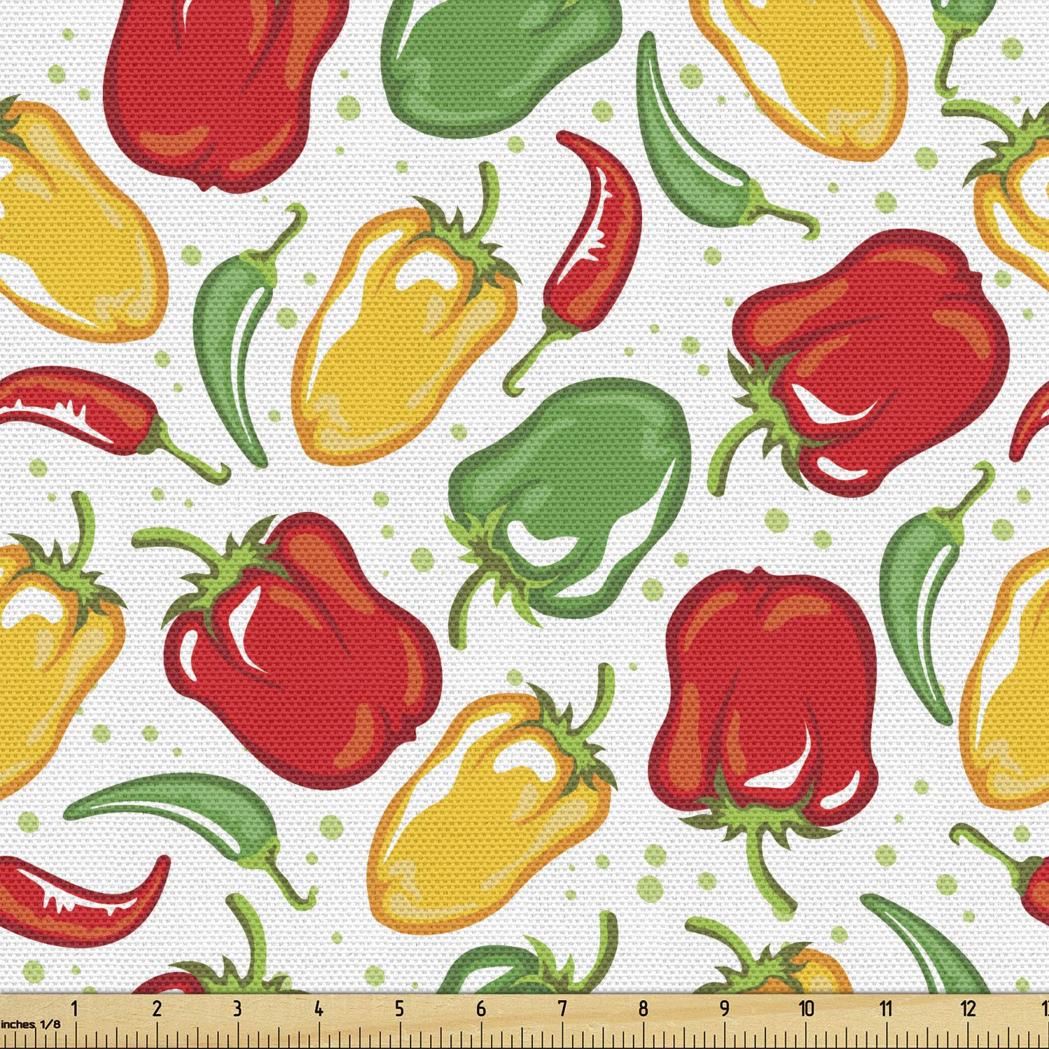 Ambesonne Peppers Fabric by The Yard - Vibrant Paprika Pods with Polka Dot Background, Decorative Upholstery & Home Accent Fabric (1 Yard, White/Multicolor) - Perfect for DIY Pillows, Curtains & Table Runners