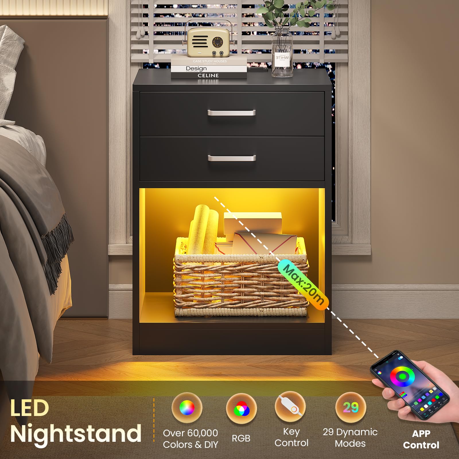 ADORNEVE Modern LED Nightstand Set of 2 - Bedside Tables with USB Charging Station, Power Outlets & Storage Drawers - Black Contemporary Bedroom Furniture for Home, Apartment, Dorm (Perfect for Reading, Phone Charging & Bedroom Organization)