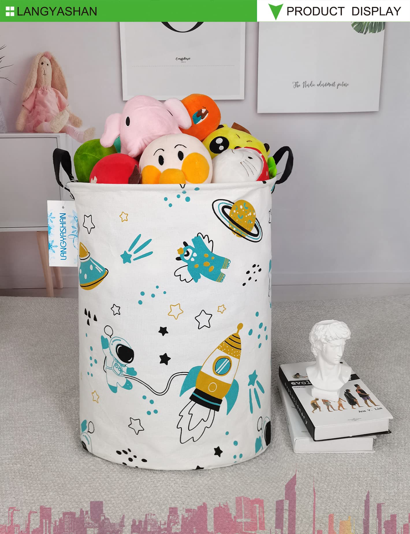 LANGYASHAN Collapsible Storage Bin - Canvas Fabric Organizer Basket for Laundry, Toys, Clothes & Nursery | Space Astronaut Design | Perfect for Bedroom, Baby Room & Gift Giving
