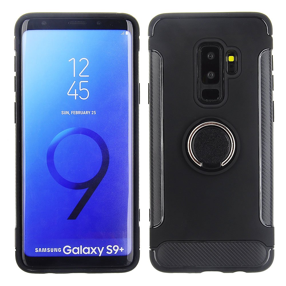 Shockproof Carbon Fiber TPU Case for Samsung Galaxy S9 Plus with Ring Stand - Slim Protective Phone Cover for Galaxy S9+ (Black) | Perfect for Work, Travel & Everyday Use
