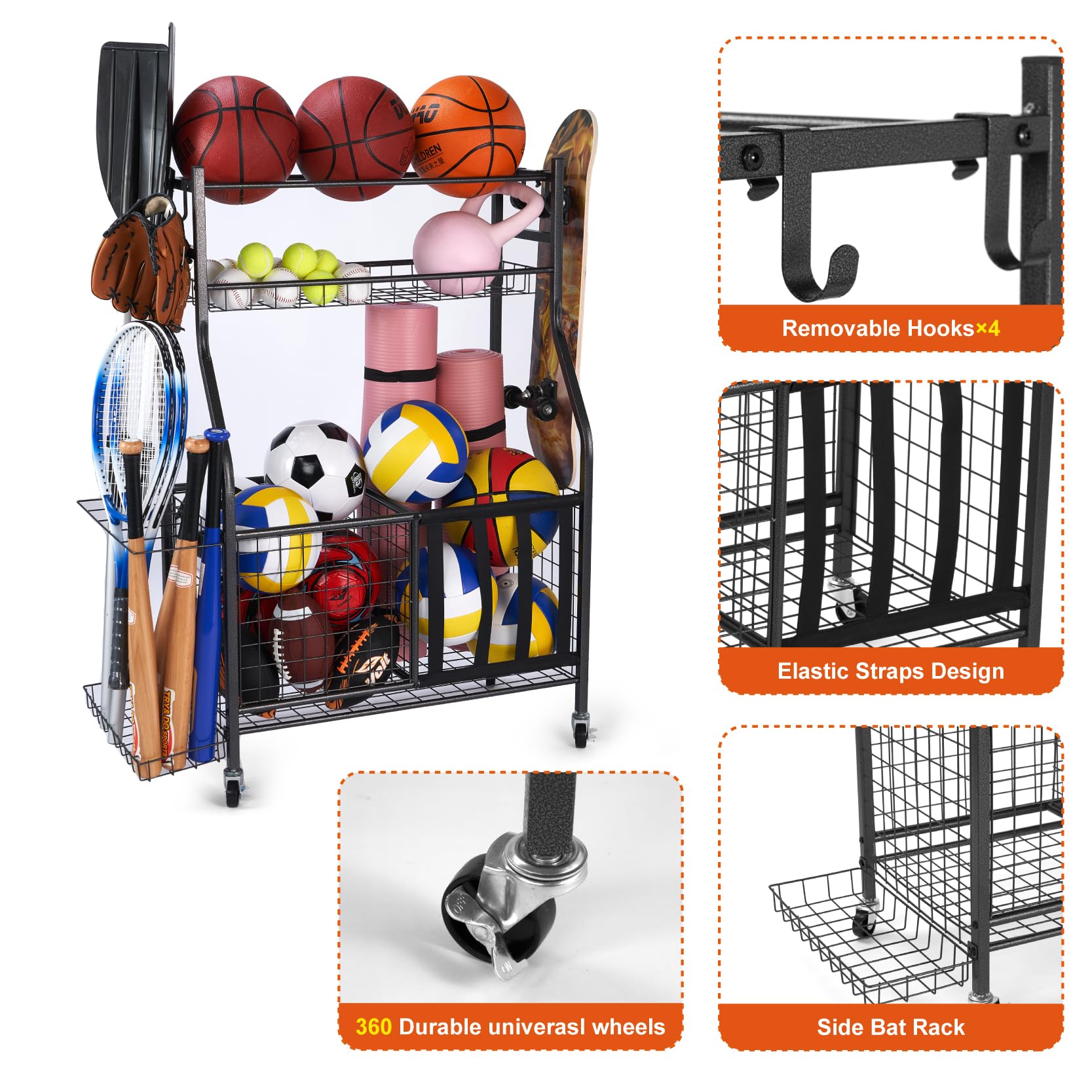 Sinoer Basketball Storage Rack with Wheels - Portable Sports Equipment Organizer for Garage, Gym & Home - Perfect for Basketball, Volleyball, Football & Soccer Ball Storage - Ideal for Sports Enthusiasts & Organized Living Spaces
