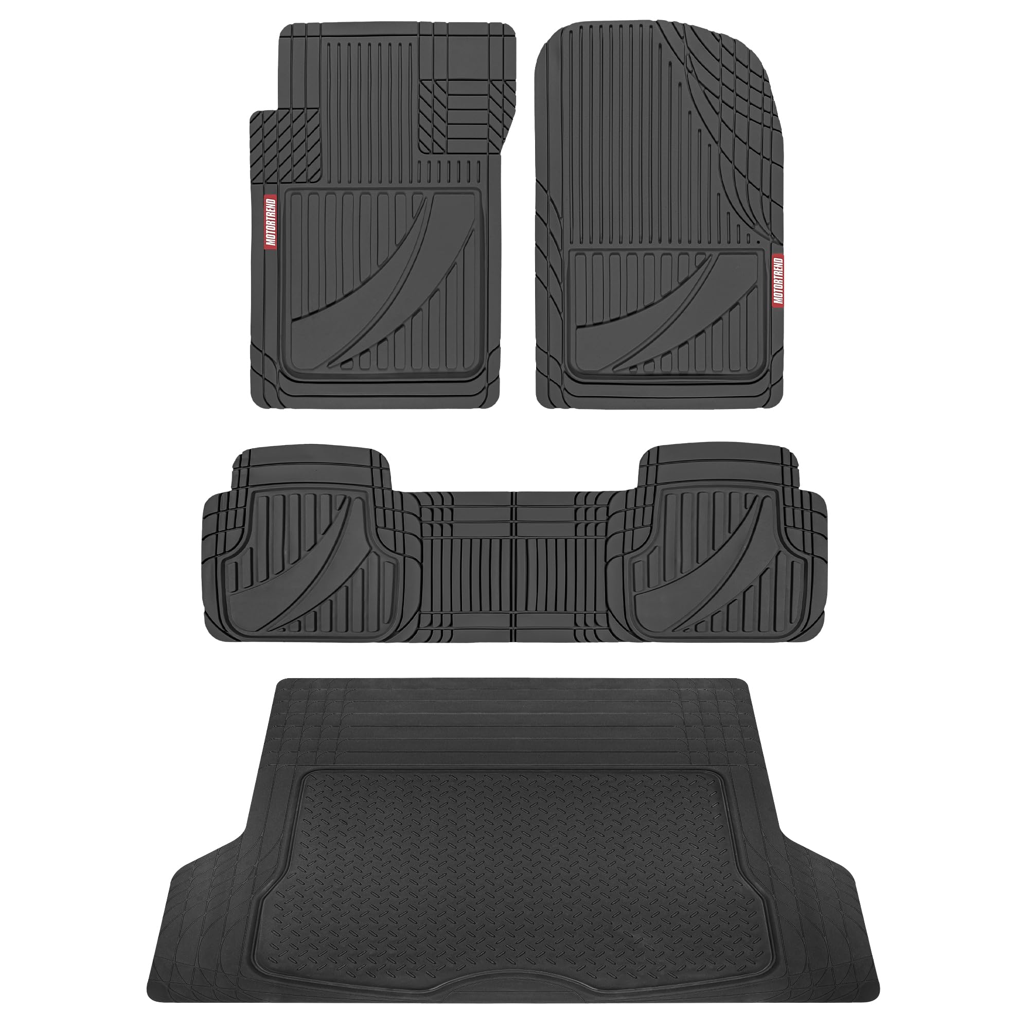 Motor Trend FlexTough™ Heavy Duty Rubber Car Floor Mats - All Weather Protection for Cars, SUVs & Trucks | Universal Fit, Trim-to-Size Design | Includes Front & Rear Seat Mats + Jumbo Cargo Liner | Perfect for Daily Commutes, Road Trips & Off-Road Adventures