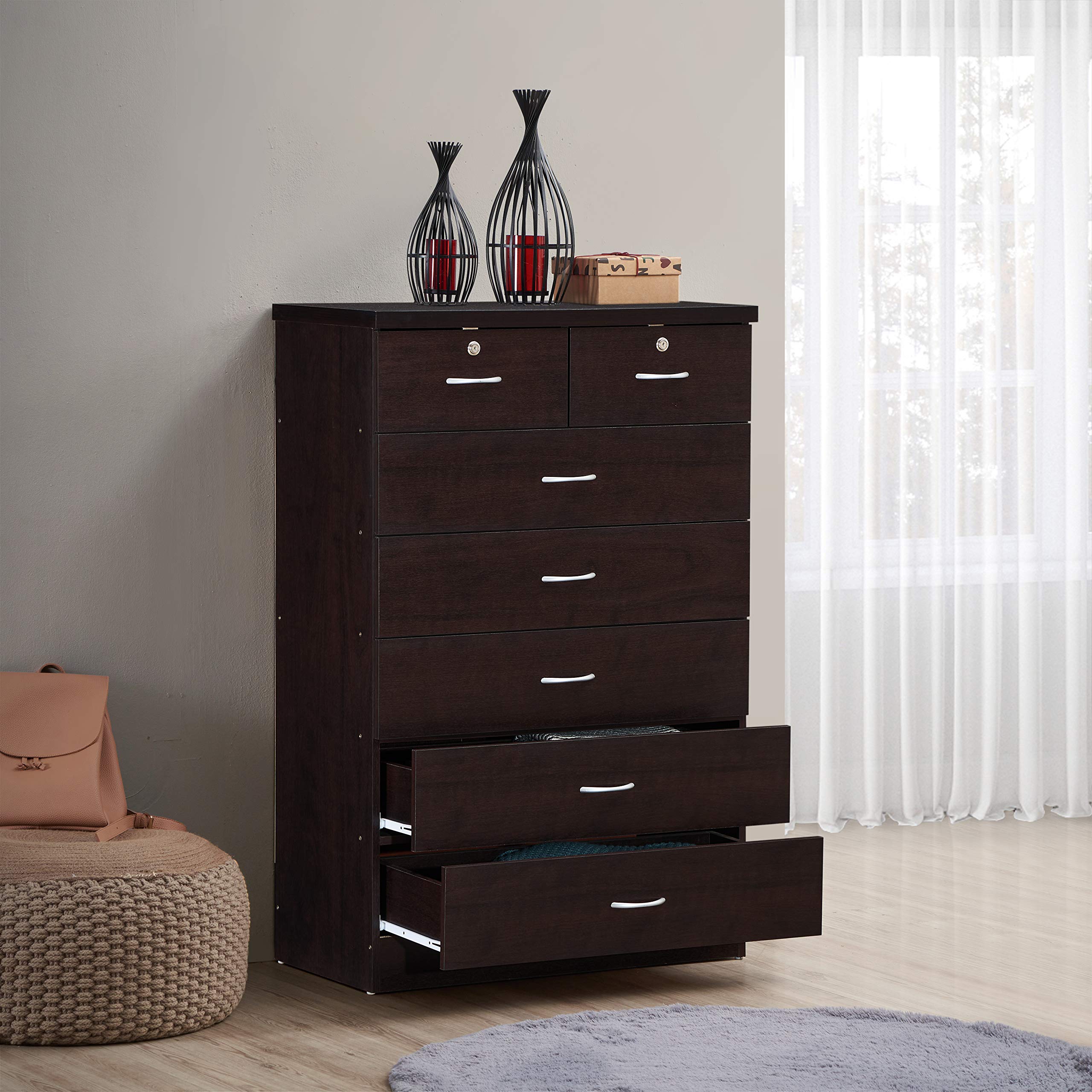 HODEDAH 7-Drawer Wooden Dresser for Bedroom - 31.5 Inch Wide Chest of Drawers with Locking Top Drawers - Chocolate Brown Storage Organizer for Clothes, Linens & Accessories - Perfect for Bedroom, Nursery or Closet Organization