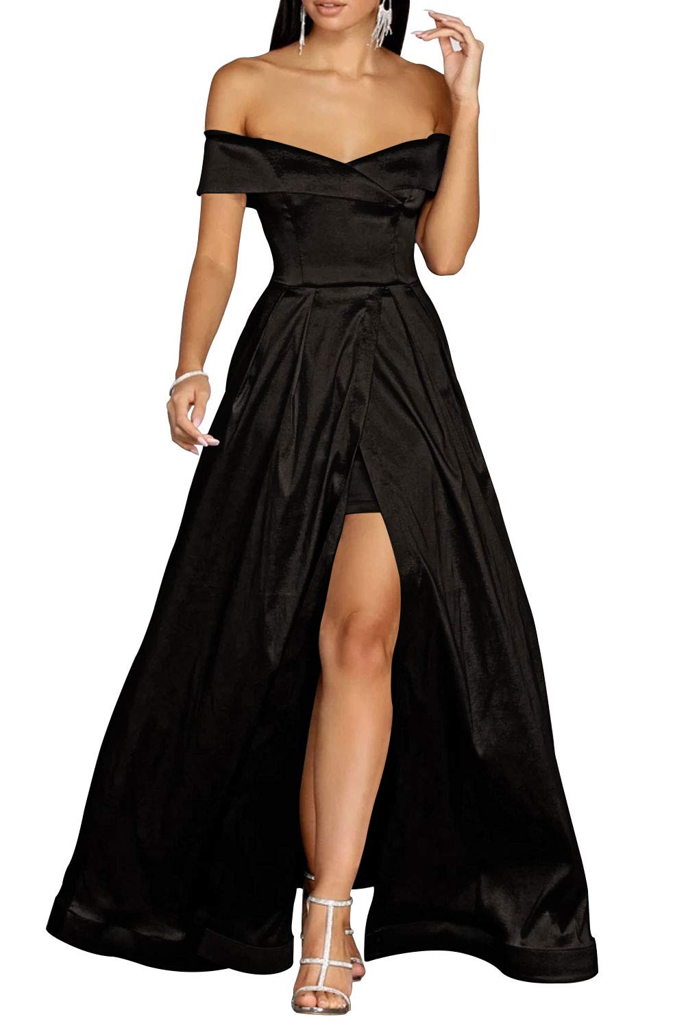 Elegant Long Formal Evening Dresses for Prom - Off Shoulder Satin Gown with High Slit | Perfect for Homecoming, Wedding, and Black Tie Events