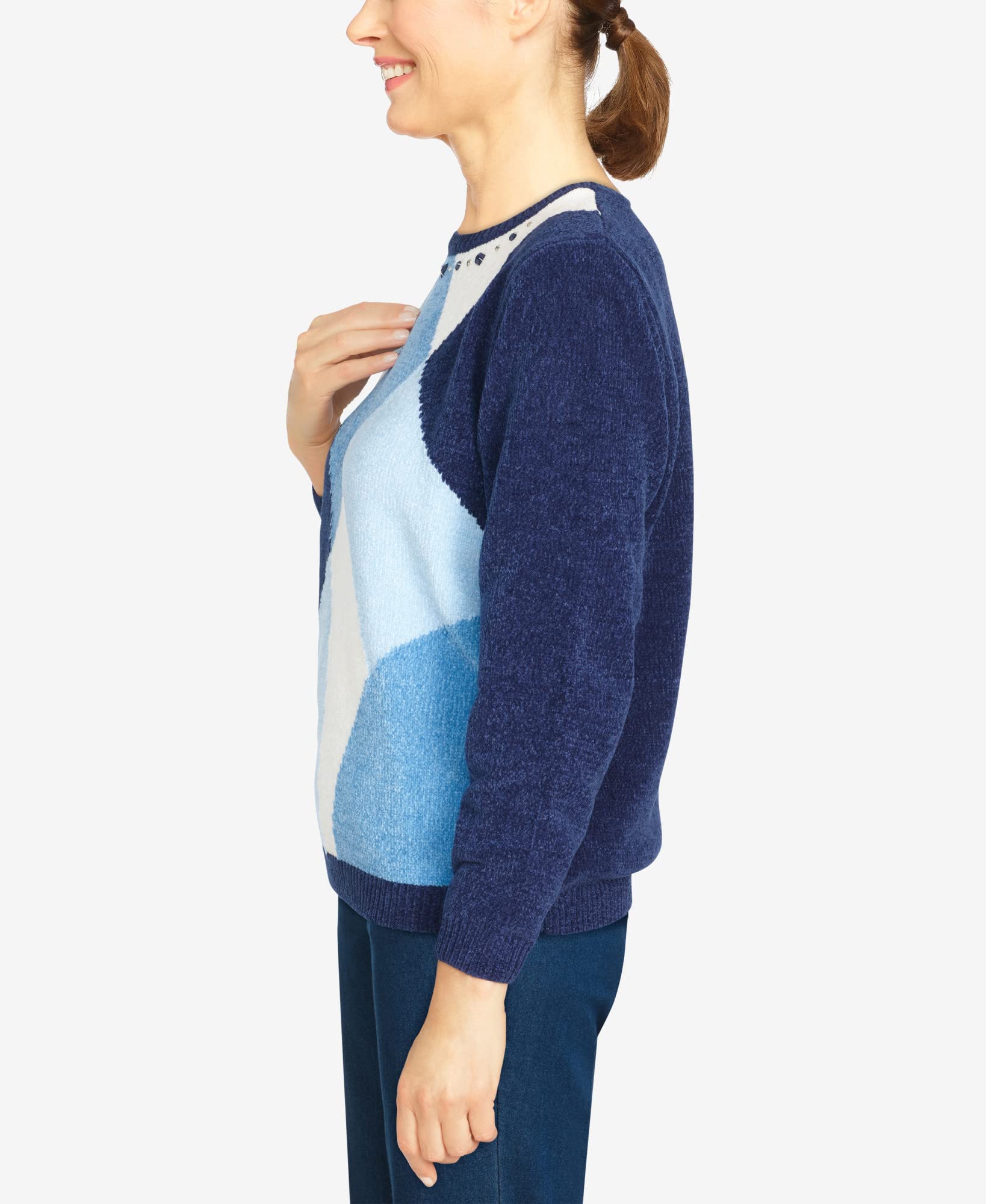 Alfred Dunner Women's Petite Chenille Colorblock Sweater - Soft Winter Pullover for Casual Wear & Holiday Outfits