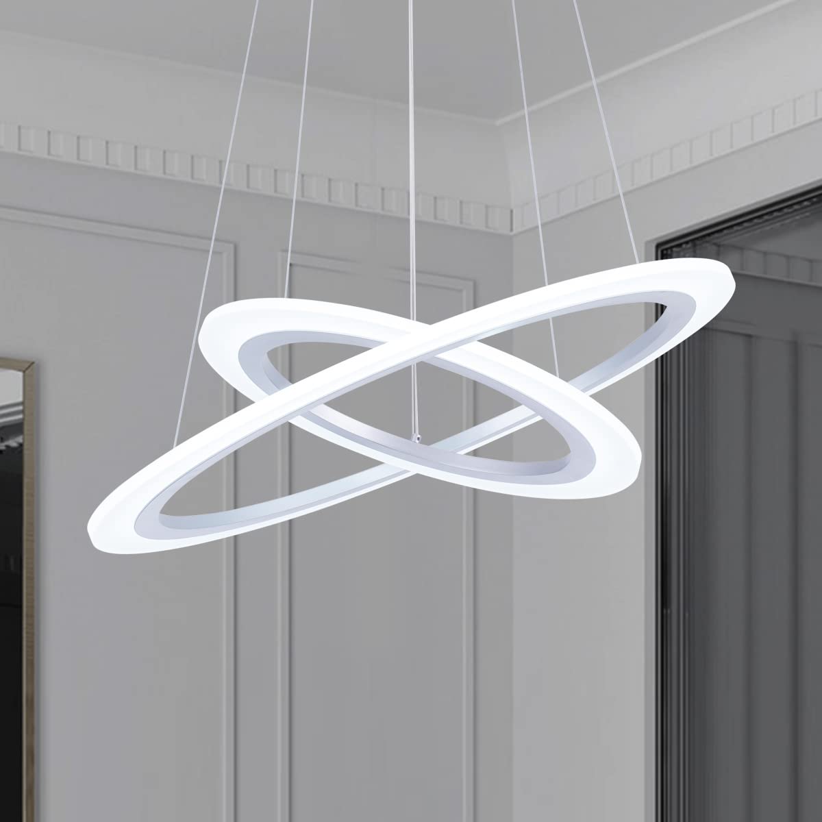 Royal Pearl Modern LED Chandelier - 2 Ring Adjustable Ceiling Pendant Light Fixture, Silver Finish with Cool White Lighting for Contemporary Living Room, Dining Room, Foyer or Bedroom | Elegant Home Decor & Ambient Lighting Solution